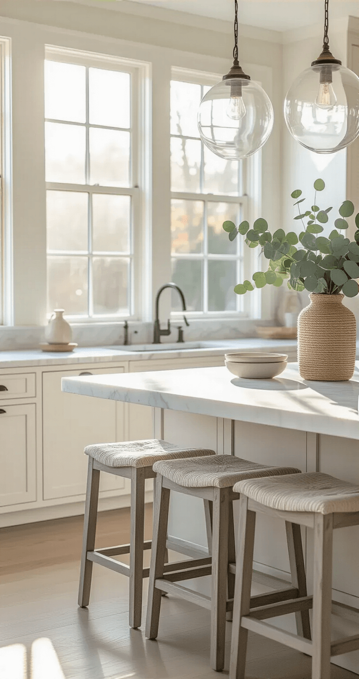 Coastal Kitchen Decor: Transform Your Space into a Breezy Seaside Sanctuary Intimate kitchen detail shot at dawn highlighting a 6ft marble island with white quartz countertops, weathered gray bar stools, oversized glass pendants, and coastal-inspired ceramics, all illuminated by soft morning light.