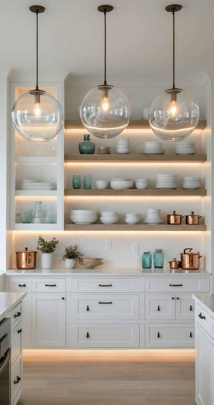 Coastal Kitchen Decor: Transform Your Space into a Breezy Seaside Sanctuary A low-angle shot of an evening kitchen featuring tall ceilings illuminated by oversized glass globe pendants, white cabinetry, pale driftwood floors, open shelving with white dishes and sea-toned glassware, copper pots, and soft under-cabinet lighting for an atmospheric mood.