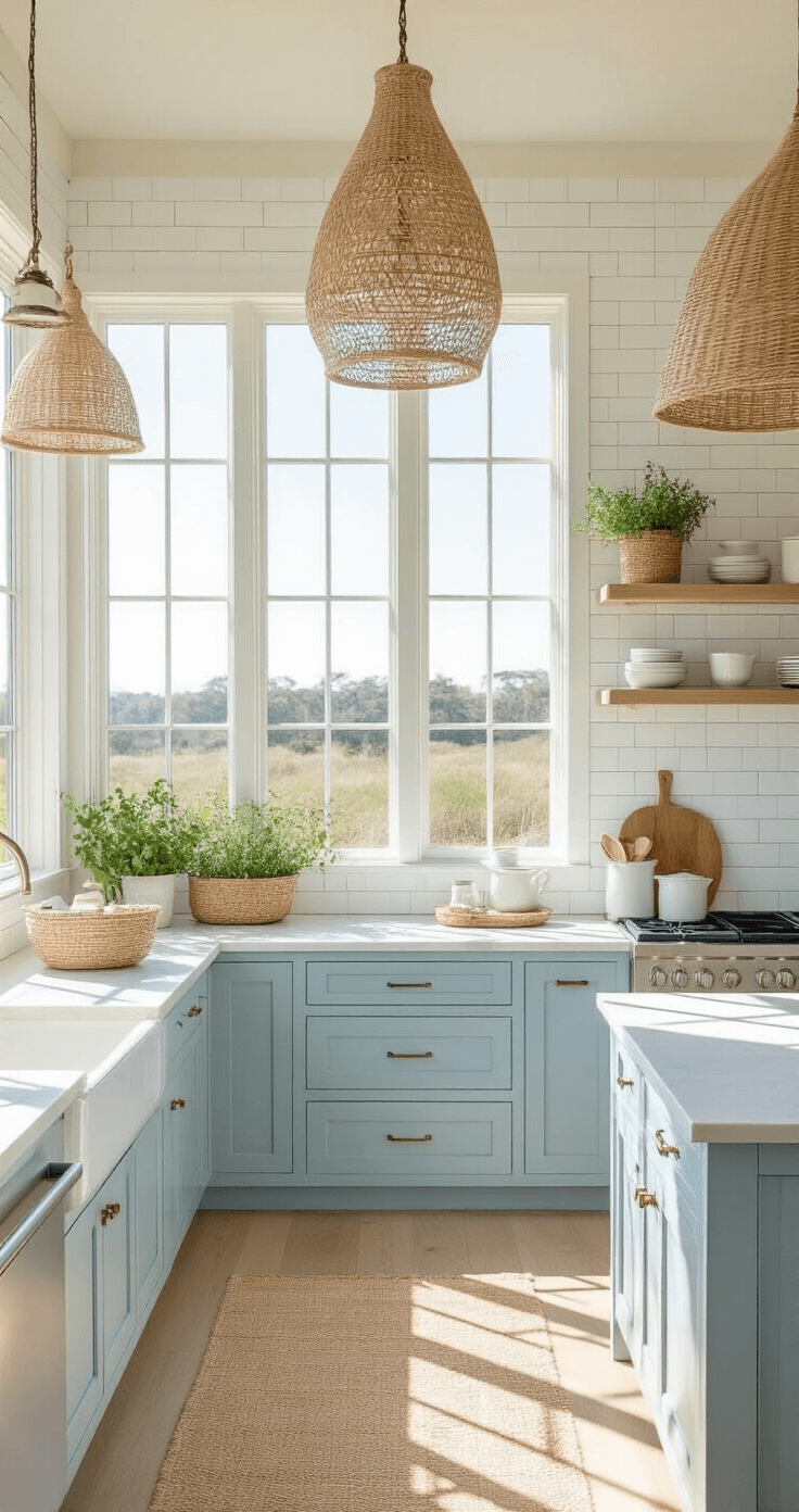 Coastal Kitchen Decor: Transform Your Space into a Breezy Seaside Sanctuary Bright coastal kitchen with floor-to-ceiling windows, white subway tile walls, pale blue island, and bleached oak floors, showcasing a corner herb garden, a styled coffee station with white ceramics and a natural fiber basket, illuminated by woven light fixtures casting intricate shadows.