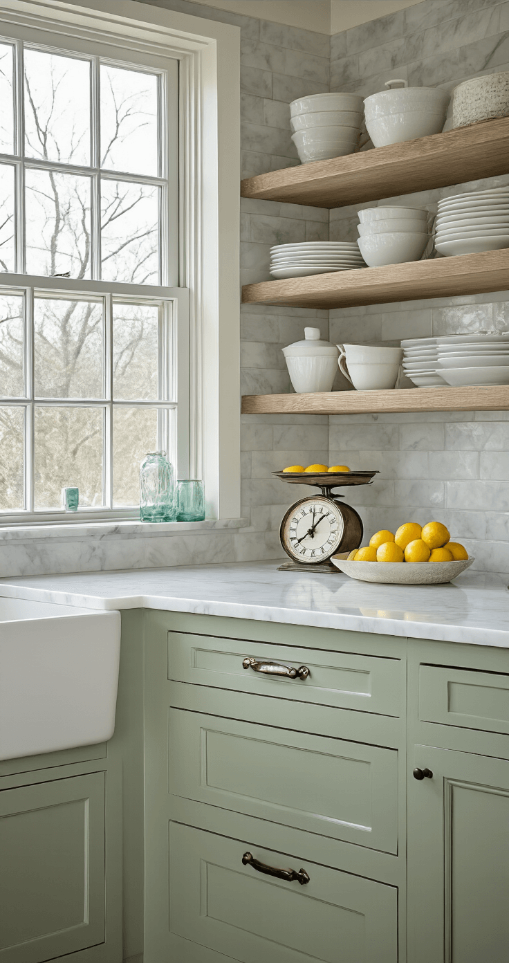 Coastal Kitchen Decor: Transform Your Space into a Breezy Seaside Sanctuary Moody morning kitchen scene featuring an 8ft prep area with diffused light through frosted glass windows, white marble backsplash, sage green cabinets, open shelving of white ironstone and sea glass, and a vintage scale with lemons for color pop.