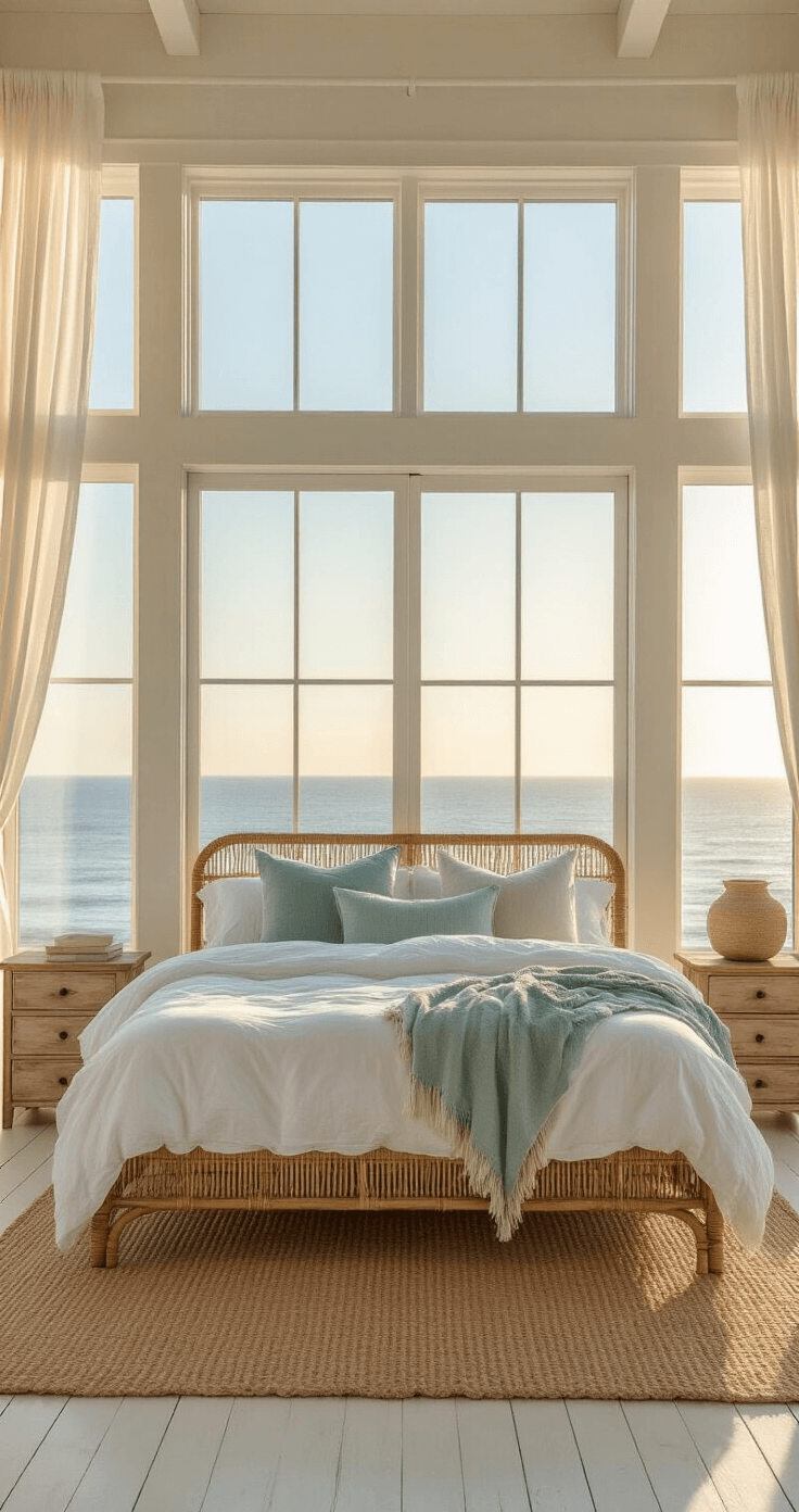 A serene coastal bedroom with a rattan king bed dressed in white and seafoam linens, framed by floor-to-ceiling windows showcasing ocean views during golden hour. Soft light illuminates whitewashed wooden floors and a chunky jute rug, while sheer curtains billow gently. Weathered driftwood nightstands complement the airy, ethereal atmosphere.