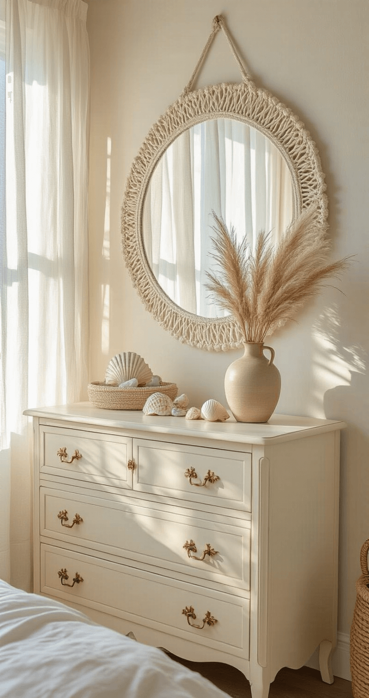 Intimate coastal bedroom corner at dawn featuring a vintage cream dresser with brass hardware under a round capiz shell mirror, soft morning light filtering through gauzy curtains, a macramé wall hanging, collected shells and sea glass on the dresser, and a ceramic vase with dried pampas grass, captured from a low angle to highlight architectural details in cool morning tones with blush accents.