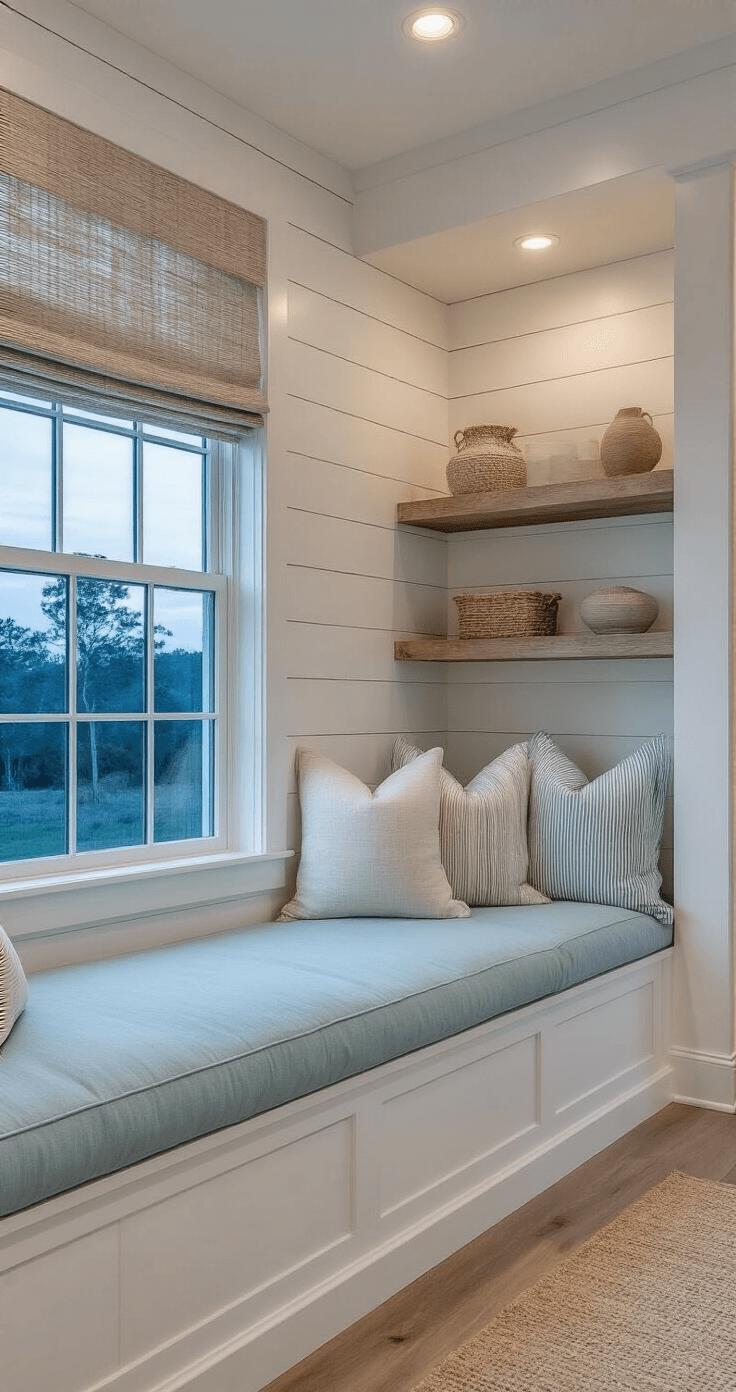 Master bedroom alcove at twilight with a custom built-in window seat in pale aqua linen, surrounded by white shiplap walls. The seat is adorned with oversized white and blue striped cushions and sandy neutral throw pillows. A natural fiber roman shade softens the blue hour light, while weathered oak floating shelves showcase coastal artifacts. The scene is enhanced by warm accent lighting, creating a cozy evening atmosphere.