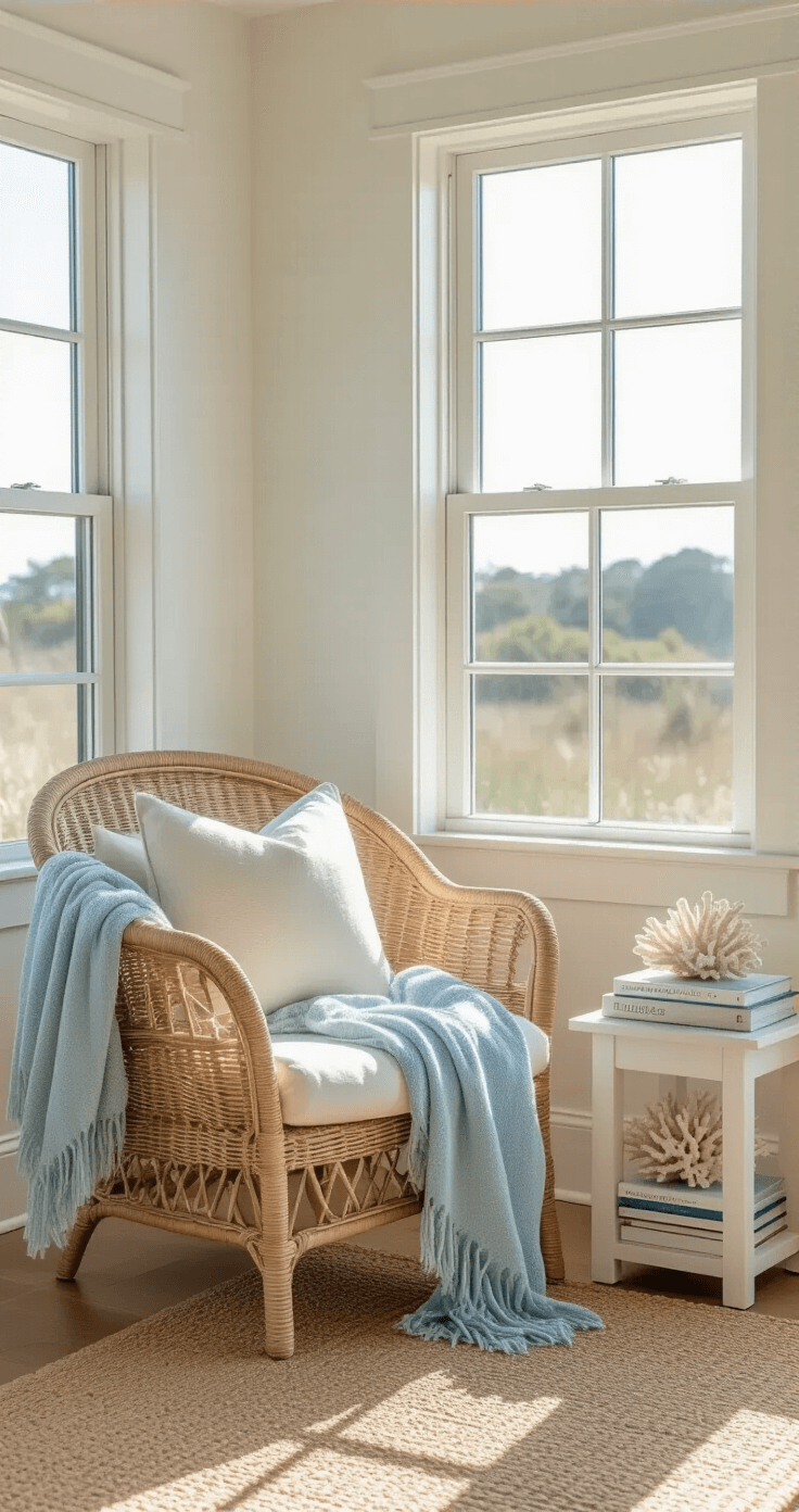 Cozy sunlit reading nook featuring a large wicker chair with cream cushions, a pale blue throw, and a whitewashed side table with design books and coral, all illuminated by bright morning light through floor-to-ceiling windows.
