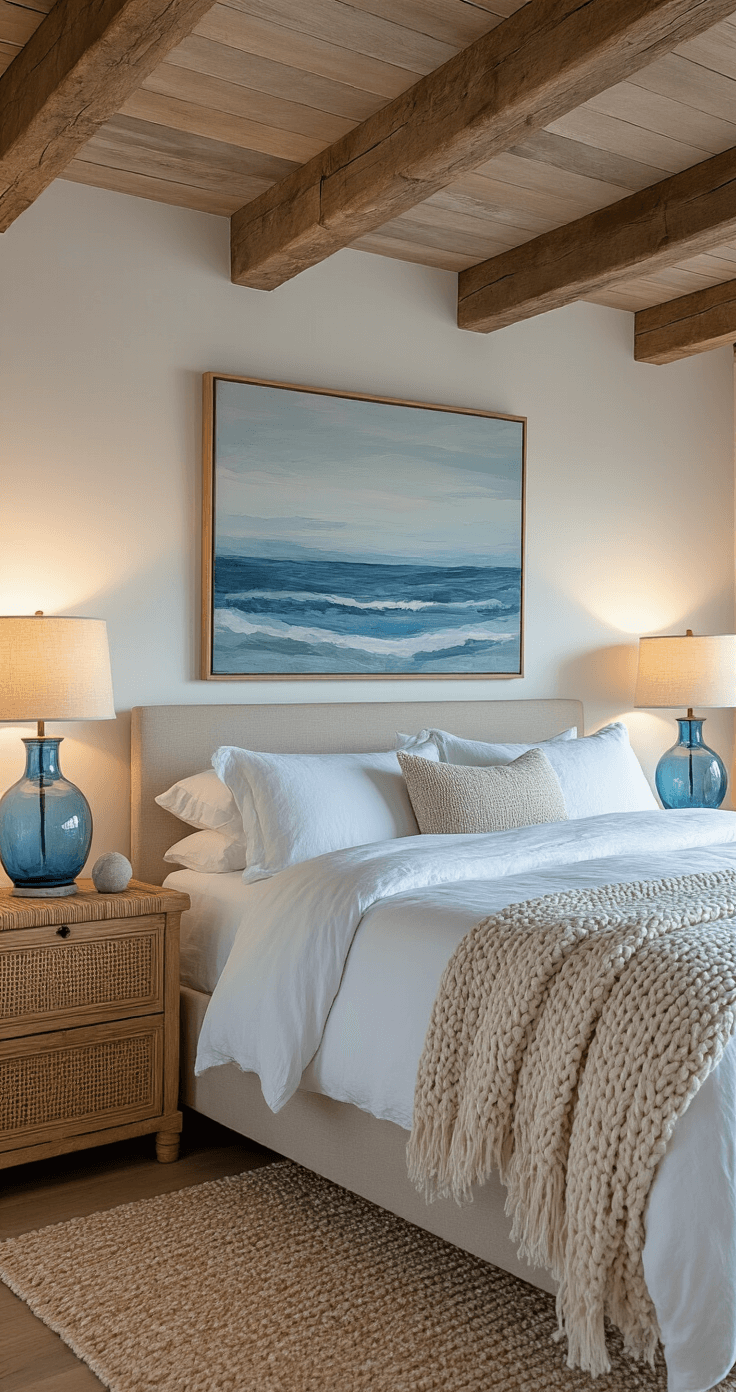 Cozy coastal bedroom vignette at dusk featuring a king bed with rumpled white linen, abstract seascape artwork in blues and grays, distressed wooden beams, rattan nightstands with blue glass table lamps, and a chunky knit throw draped across the bed, captured from a low corner angle to emphasize the 12ft ceiling height in a warm, moody atmosphere.