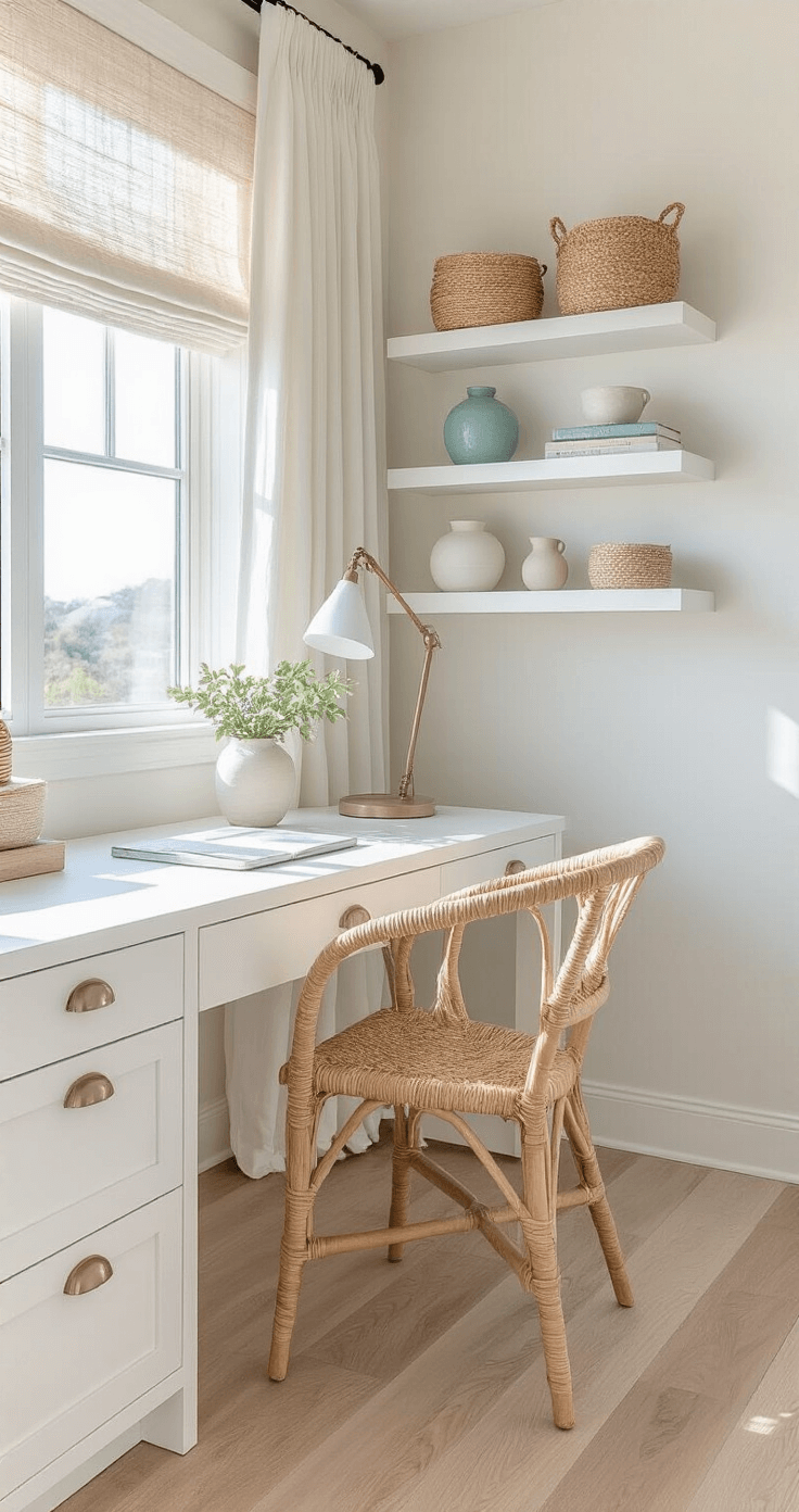Modern coastal bedroom workspace featuring a white lacquered desk and natural rope chair, adorned with floating shelves displaying soft white and aqua pottery, complemented by linen pinch-pleat curtains and a handwoven wall basket collection, all illuminated by bright afternoon light reflecting off pale oak flooring.