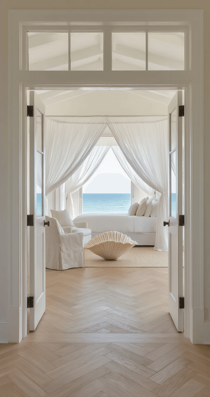 Luxurious coastal bedroom with open double doors revealing a white canopy bed draped in sheer panels, bleached oak herringbone floors, a sitting area with natural linen slipcovered chairs, and an oversized conch shell sculpture on a lucite pedestal, all illuminated by bright daylight.