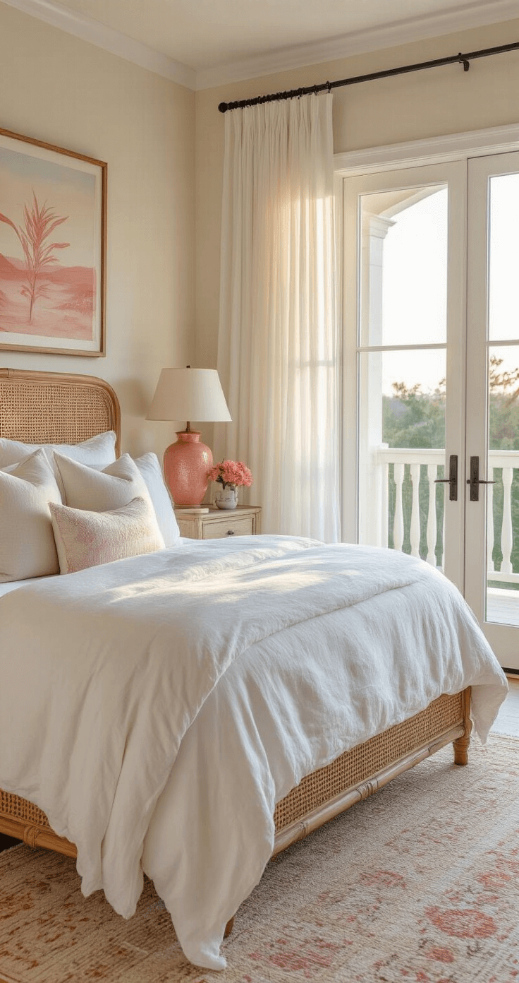 Bringing the Beach Home: Florida Aesthetic Home Decor That Will Transform Your Space A beautifully styled master bedroom at golden hour, featuring a natural cane headboard with crisp white linen bedding, sheer billowing curtains, coral and blush accents in vintage coastal art and ceramic lamps, and a weathered driftwood mirror reflecting warm light, all captured from a corner view at bed level.