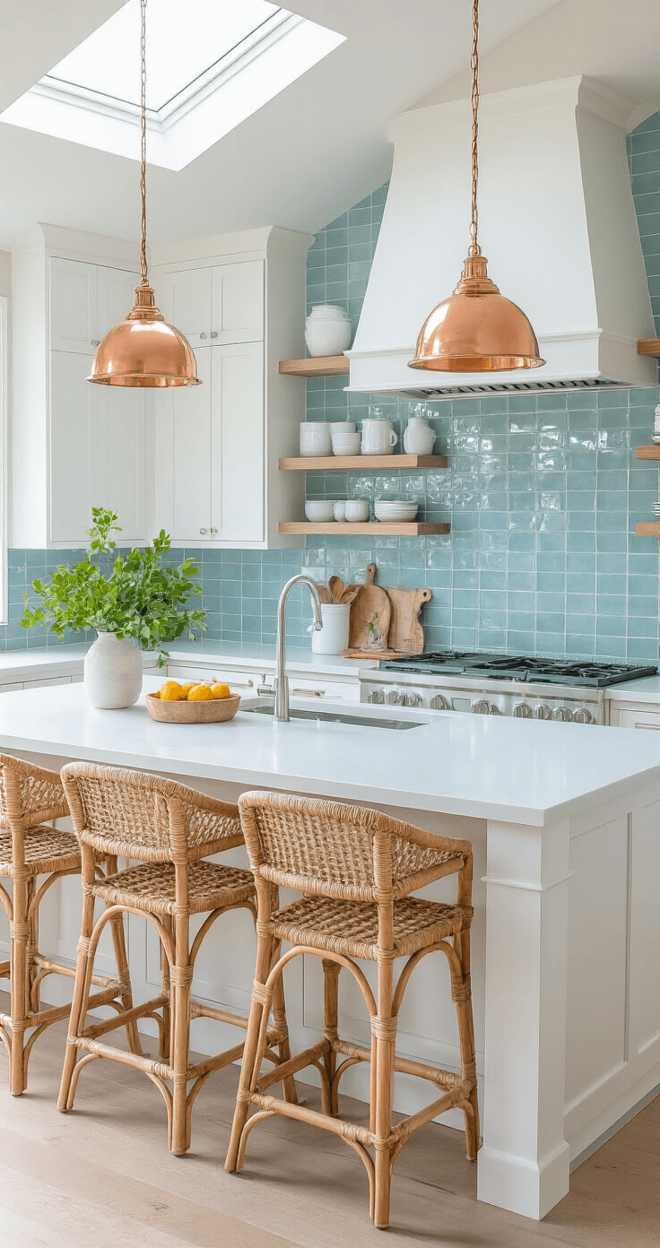 Bringing the Beach Home: Florida Aesthetic Home Decor That Will Transform Your Space Bright coastal kitchen with white shaker cabinets, pale blue glass tile backsplash, and a quartz island lit by natural light from a skylight, featuring rattan barstools and copper pendant lights. Open shelving displays white ceramics and glass vessels, enhanced by fresh greenery and citrus accents. Wide angle view from counter height.