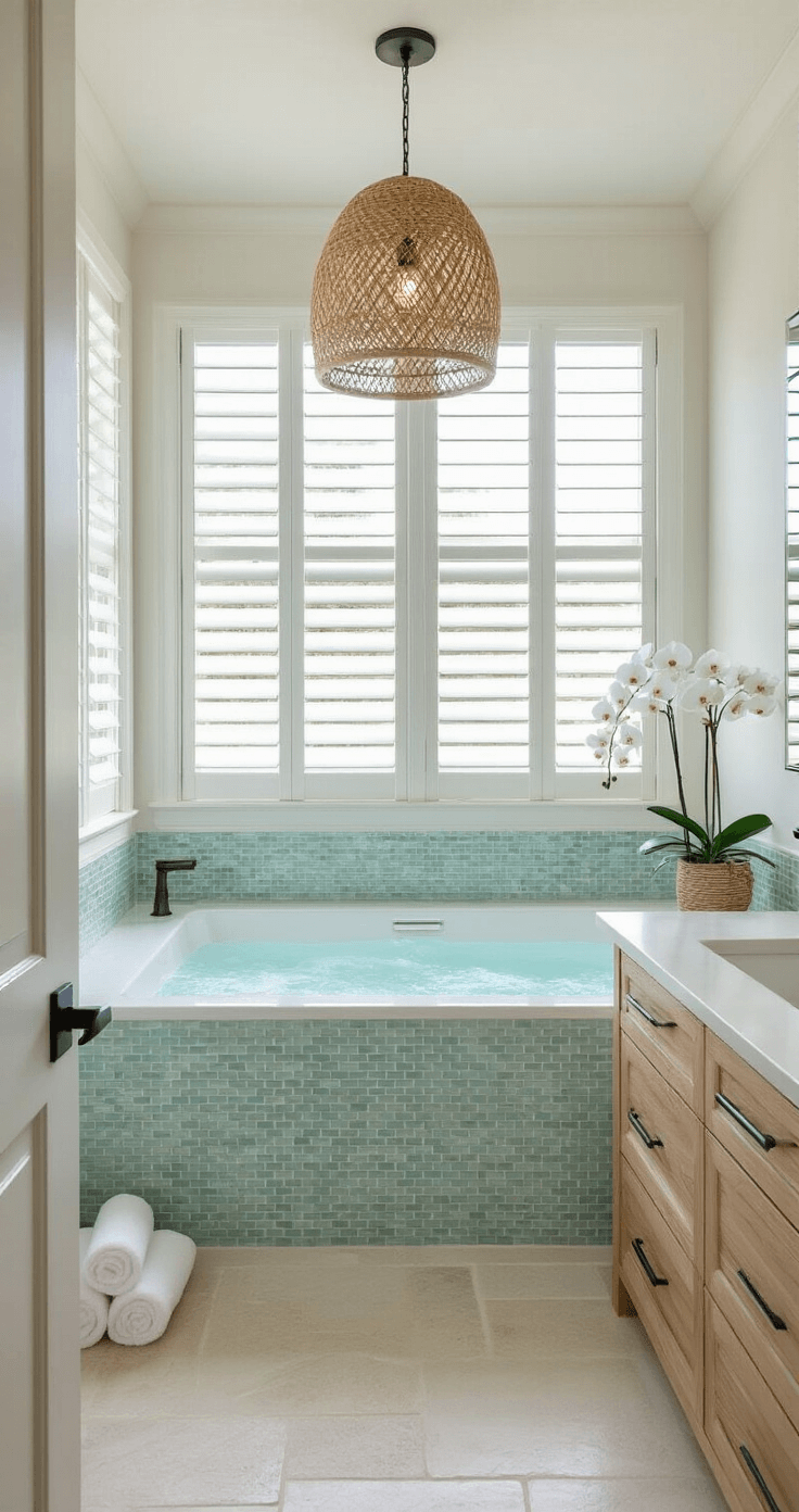 Bringing the Beach Home: Florida Aesthetic Home Decor That Will Transform Your Space A serene master bathroom featuring a soaking tub under a plantation shuttered window, surrounded by pale sea glass mosaic tiles and a floating white oak vanity. Woven pendant light creates shadows on white walls, while natural stone flooring adds texture. Fresh orchids and neatly rolled white towels enhance the tranquil atmosphere.