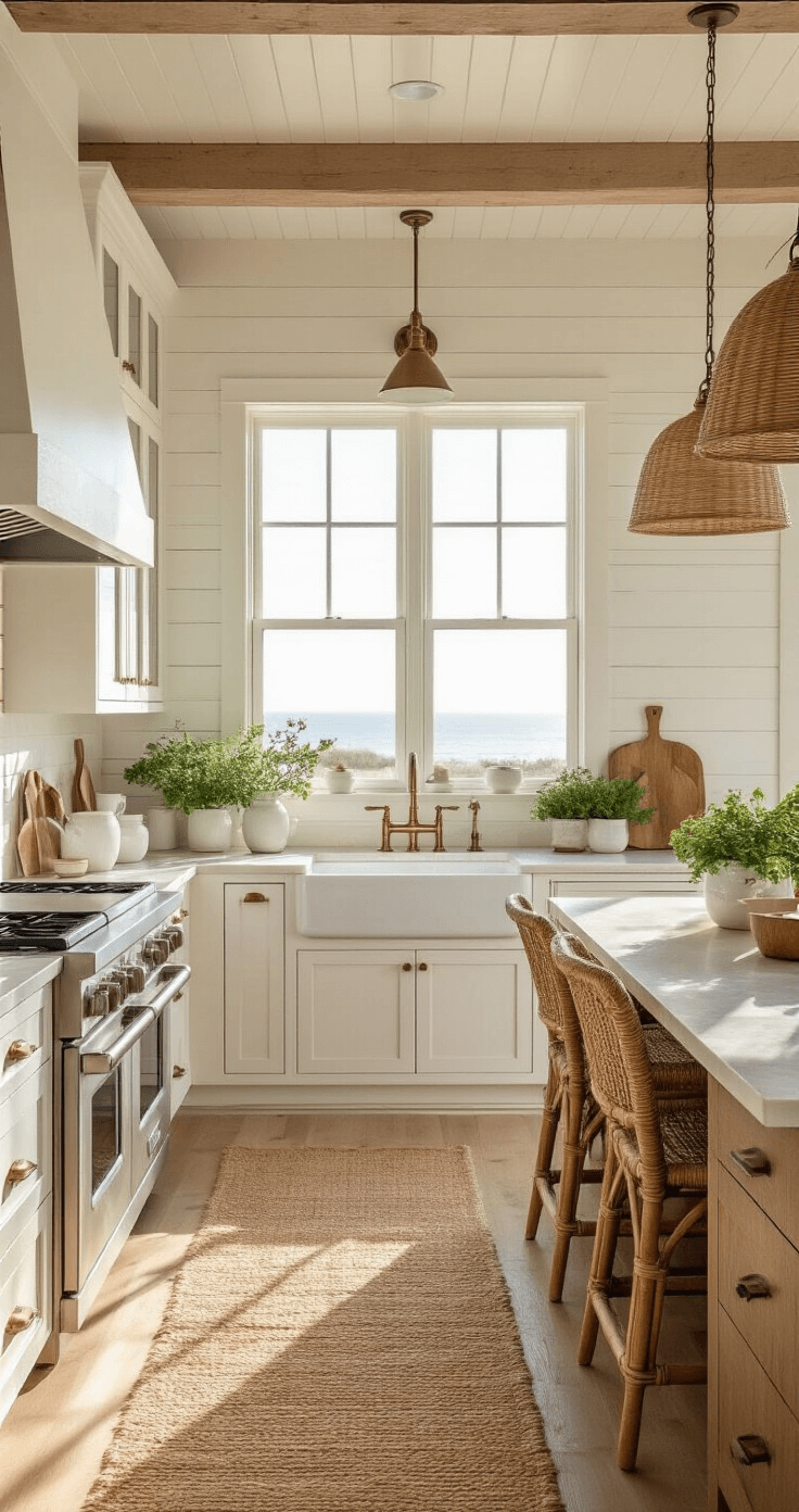 A warm, sunlit coastal kitchen featuring L-shaped white shaker cabinets with brass hardware, shiplap walls, and a large window above a farmhouse sink. The sandy beige quartzite countertops display subtle blue veining, complemented by a central island with rattan barstools and glass pendant lights. Rustic decor includes wooden cutting boards, white ceramic vessels, and potted herbs, with a natural jute runner adding warmth to the space.