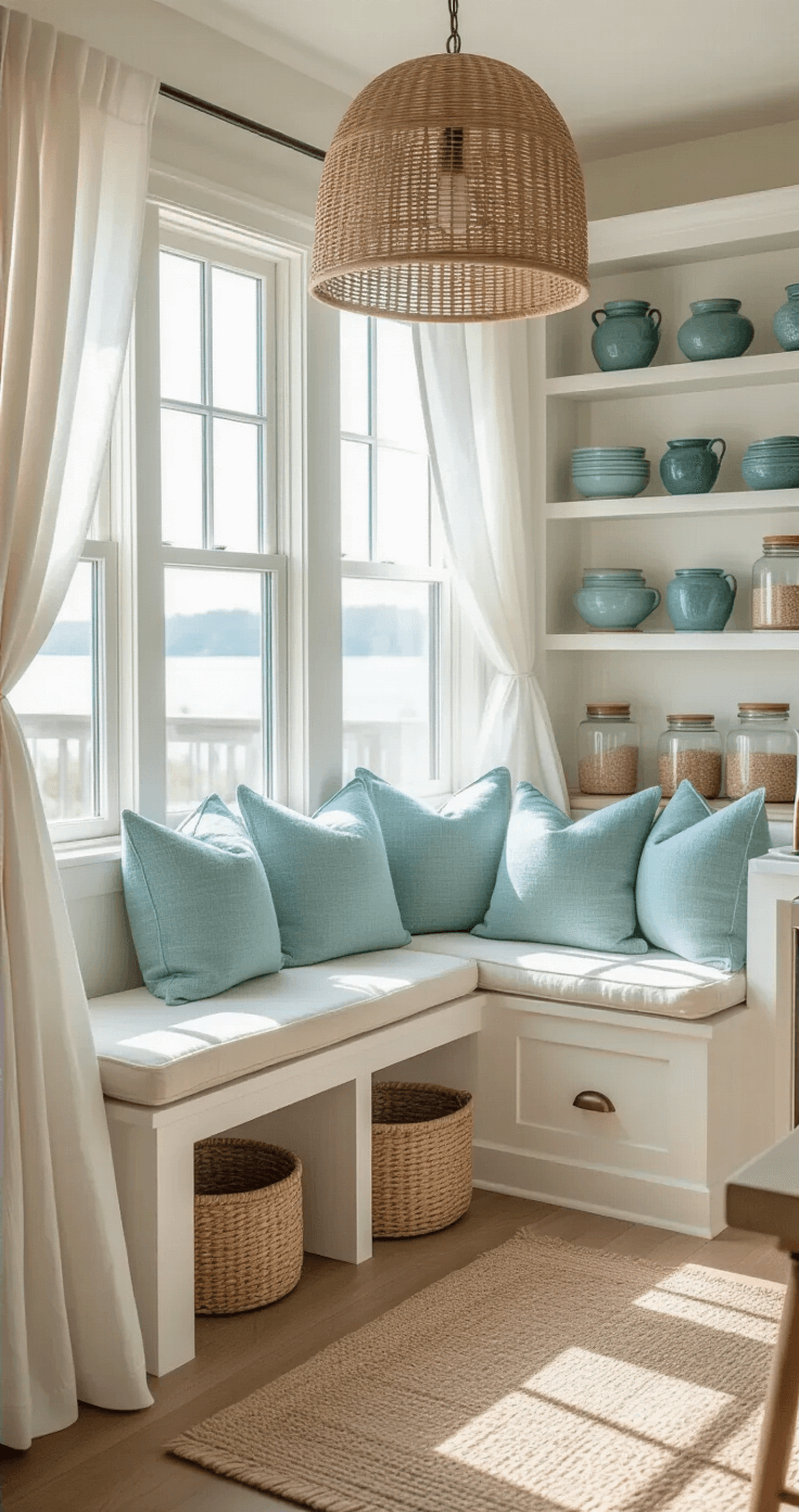 Intimate coastal kitchen nook bathed in morning light, featuring a built-in window seat with seafoam linen cushions, open shelving showcasing oceanic handmade pottery, a rattan pendant lamp, and weathered oak floating shelves with vintage glass canisters, captured with a shallow depth of field for textural emphasis.