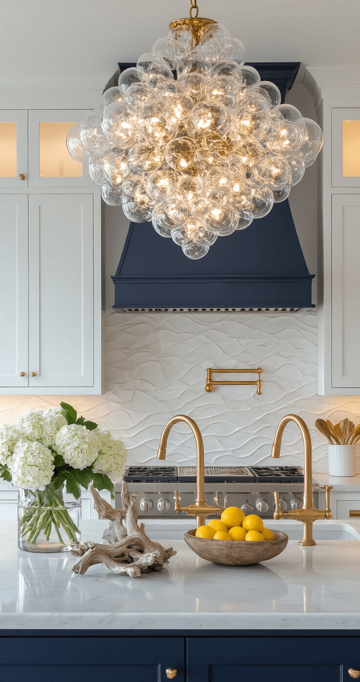 Wide-angle view of a coastal kitchen at twilight, featuring a navy island and white cabinets, with a chandelier resembling bubbles, a wave-patterned marble backsplash, brass fixtures, and decor of hydrangeas, driftwood, and lemons, all captured from counter height with reflections in glossy surfaces.