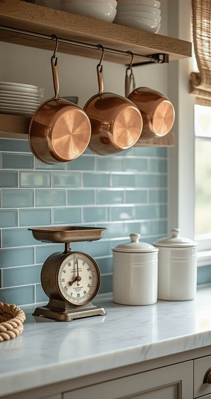 Detail shot of a coastal kitchen's prep area, showcasing a marble counter with a vintage scale and white ceramic canisters, complemented by a pale blue subway tile backsplash and hanging copper cookware, all illuminated by soft morning light filtering through a natural fiber roman shade.