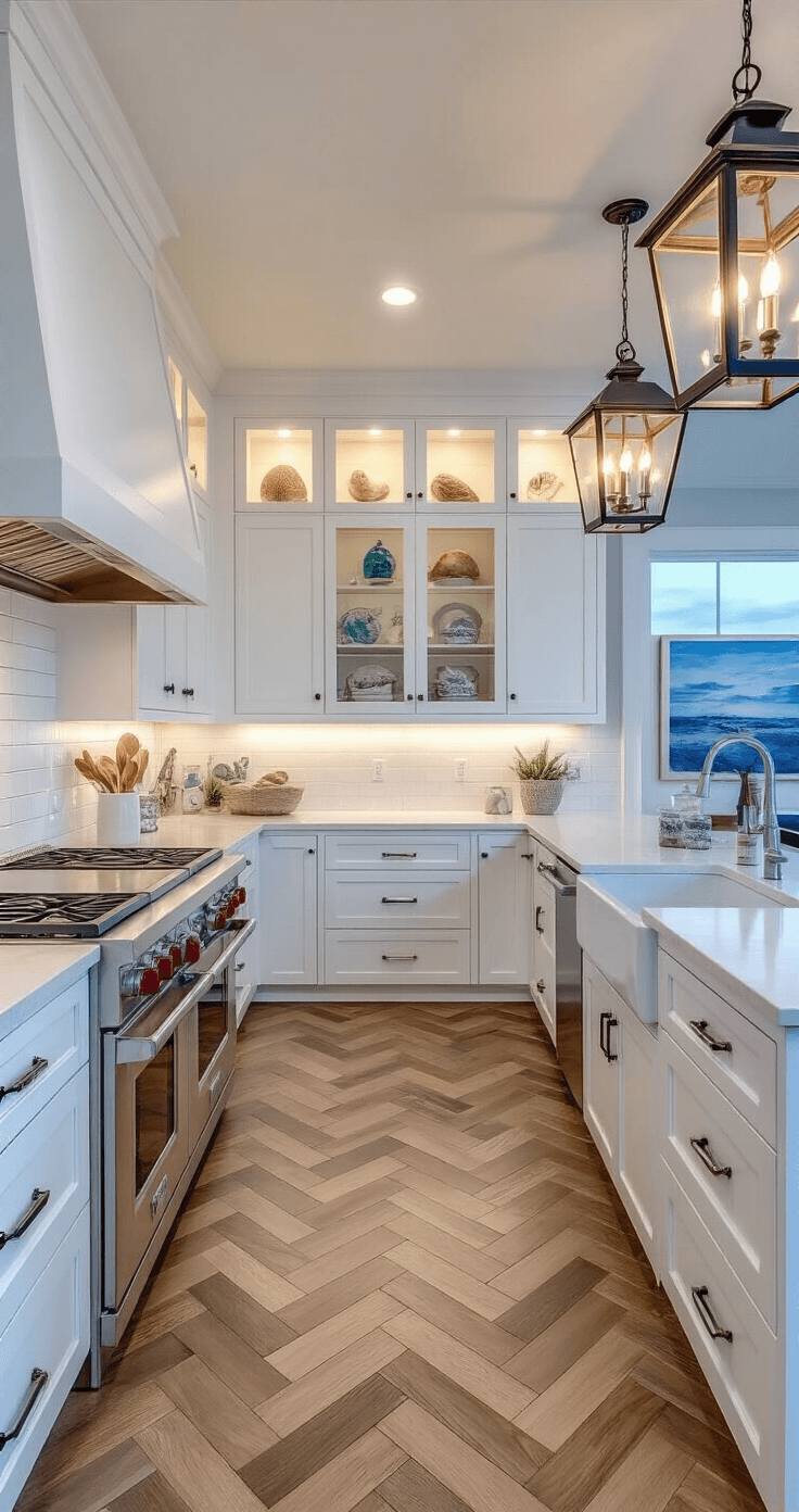 Atmospheric dusk interior of a coastal kitchen featuring herringbone wood floors, illuminated white cabinets with glass fronts displaying shells and sea glass, oversized lantern pendants casting a warm glow, and coastal artwork reflecting in stainless appliances, all captured at blue hour.