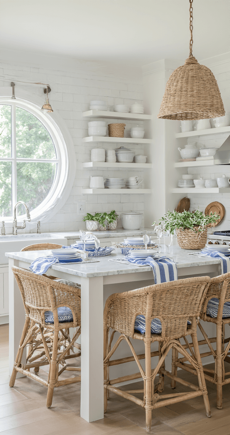 Bright midday kitchen featuring a 10ft white marble island with blue-striped linens and woven chargers, rattan chairs, open shelving displaying white china with rope trim, and a porthole window, captured from standing height to emphasize the social gathering space.