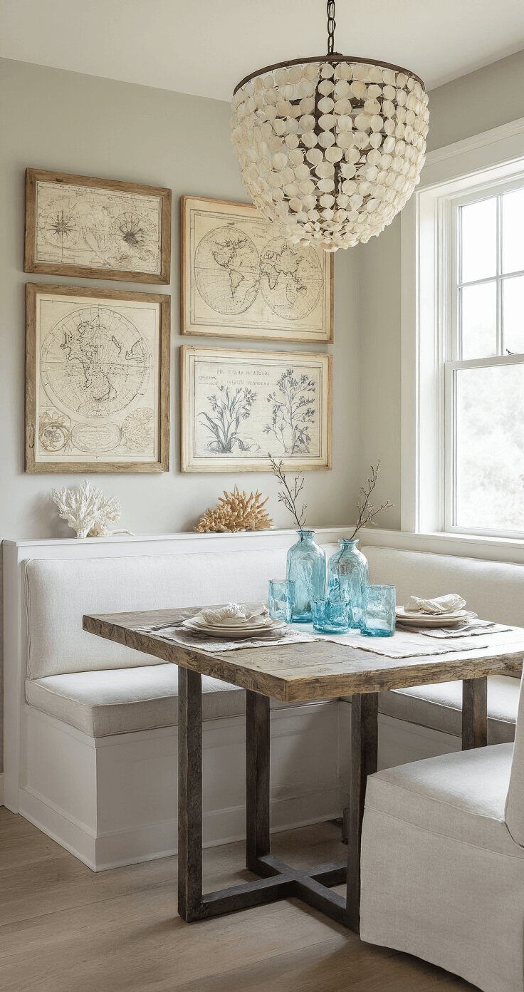 A bright corner breakfast nook with a built-in banquette in white fabric facing an industrial-style table with a weathered wood top, surrounded by a gallery wall of vintage coastal maps and botanical prints, illuminated by a capiz shell chandelier. The table is styled with a linen runner, blue glass vases, and coral specimens.