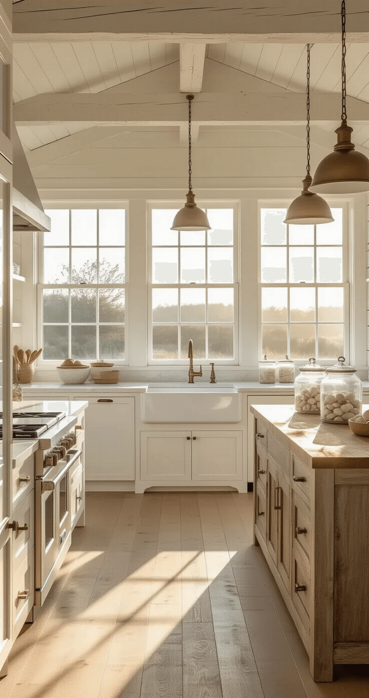 Coastal Farmhouse Kitchens: Creating Your Dream Seaside Sanctuary A sunlit coastal farmhouse kitchen with soaring ceilings, exposed wooden beams, white shaker cabinets, a driftwood-toned island, and oversized windows, creating a serene and welcoming atmosphere.