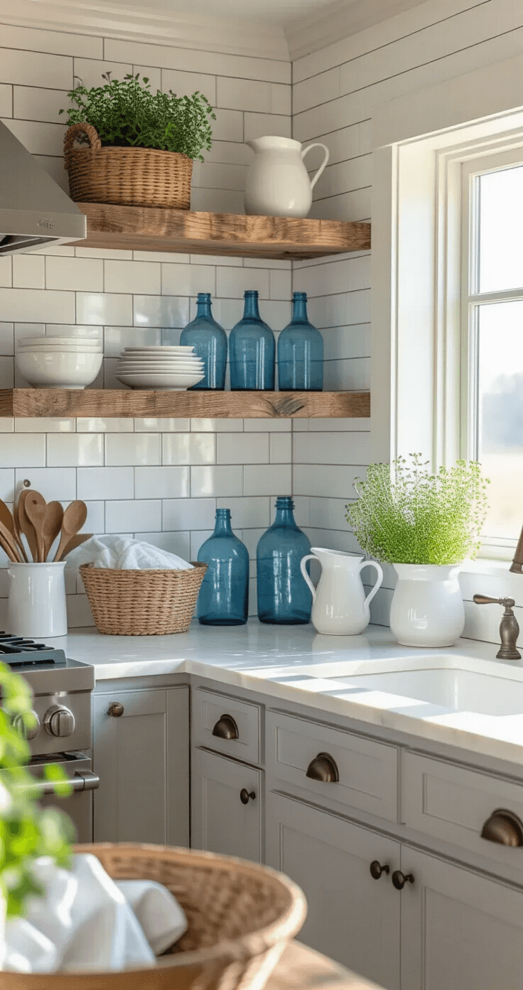 Coastal Farmhouse Kitchens: Creating Your Dream Seaside Sanctuary Intimate corner view of a coastal kitchen at dawn, featuring reclaimed barnwood L-shaped open shelving adorned with vintage blue glass bottles and white ironstone pitchers. Soft gray lower cabinets with oil-rubbed bronze hardware complement the white subway tile backsplash, illuminated by soft morning light that casts dramatic shadows. Potted herbs line the windowsill, while a natural fiber basket holds fresh linens, all captured in rich texture detail.