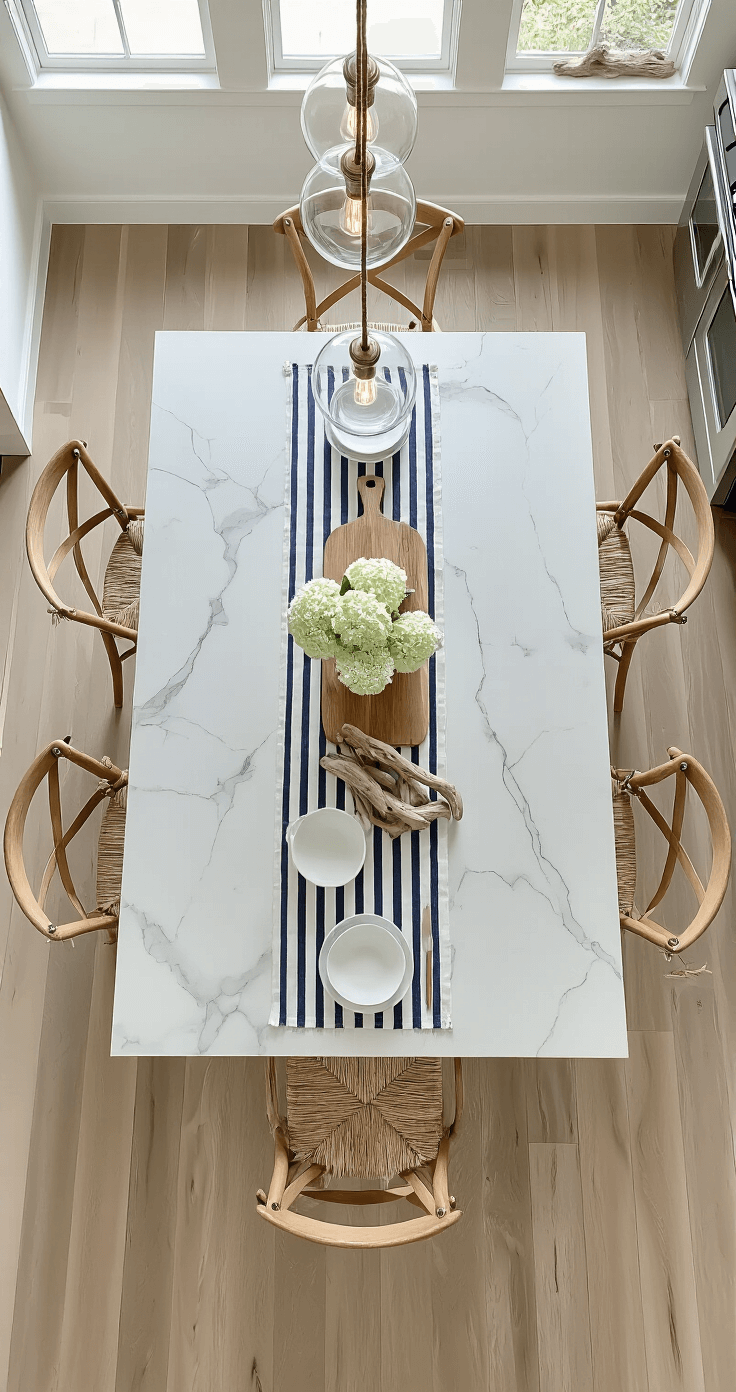 Coastal Farmhouse Kitchens: Creating Your Dream Seaside Sanctuary Overhead view of a coastal farmhouse island featuring a weathered oak base with a white marble top, adorned with vintage navy and white striped runner, clear glass pendants, wooden barstools, white ceramic bowls, driftwood cutting board, and fresh hydrangeas, set against pale oak flooring in bright, natural light.