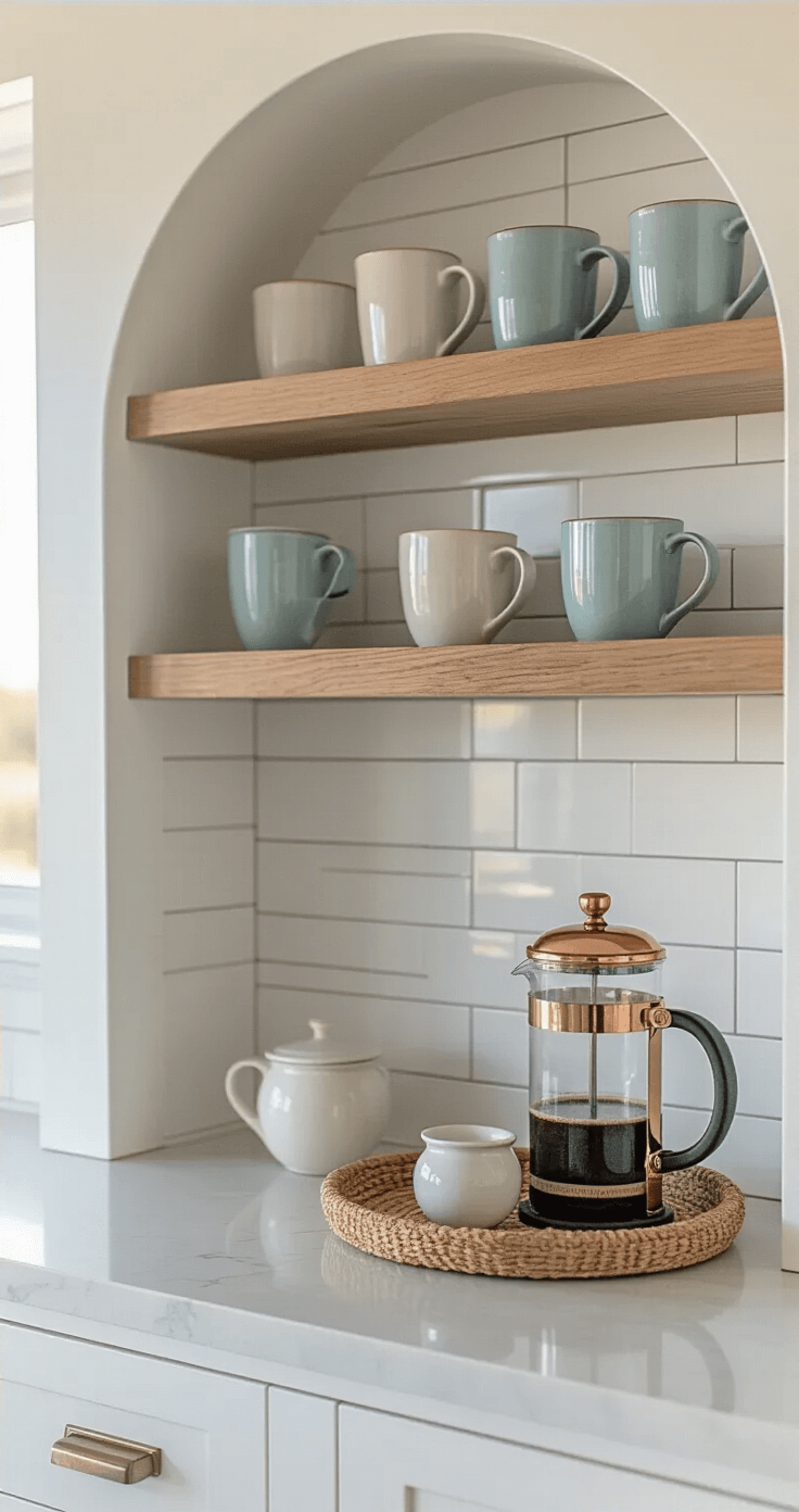 Coastal Farmhouse Kitchens: Creating Your Dream Seaside Sanctuary Close-up of a coastal kitchen coffee station at sunrise, featuring an arched white alcove, built-in shelving, white subway tile with pale gray grout, a floating shelf with ceramic mugs in shades of white and blue, a copper French press, and a woven tray with sugar bowl and creamer. The image captures textures and dramatic side lighting, conveying a peaceful and refined atmosphere.