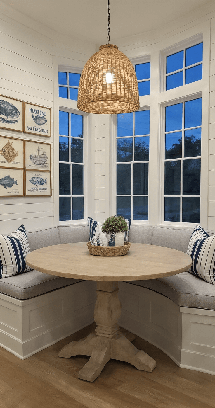 Coastal Farmhouse Kitchens: Creating Your Dream Seaside Sanctuary A cozy kitchen dining nook at twilight featuring a built-in banquette in weathered gray linen, a round pedestal table in whitewashed oak surrounded by striped navy and white cushions, and an oversized rattan pendant light overhead. The area is illuminated by a mix of cool natural and warm artificial lighting, with vintage coastal prints adorning the shiplap wall.