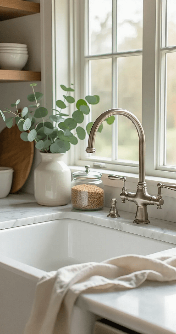Coastal Farmhouse Kitchens: Creating Your Dream Seaside Sanctuary A bright kitchen sink area showcasing a white fireclay farmhouse sink under a window, featuring a polished nickel bridge faucet, marble countertops with veining, glass canisters for cooking essentials, and a pottery vase with fresh eucalyptus, accompanied by a casually draped linen tea towel, all illuminated by natural light.