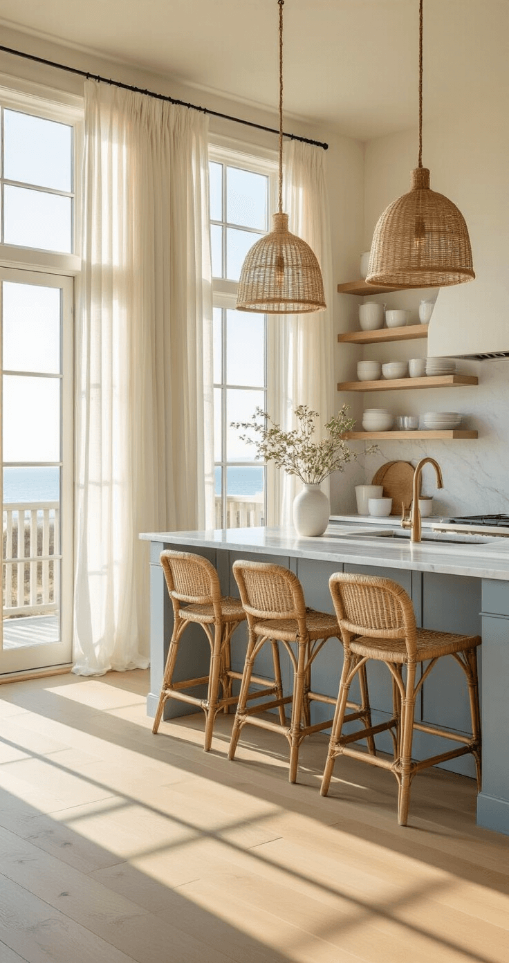 A sunlit coastal kitchen featuring floor-to-ceiling windows with sheer curtains, Carrara marble countertops, a soft blue-grey island, and natural white oak floors. Rattan barstools are tucked under the breakfast bar, while open shelving displays white ceramics and glass jars. Pendant lights with woven rope details hang at varying heights, creating a dreamy atmosphere.