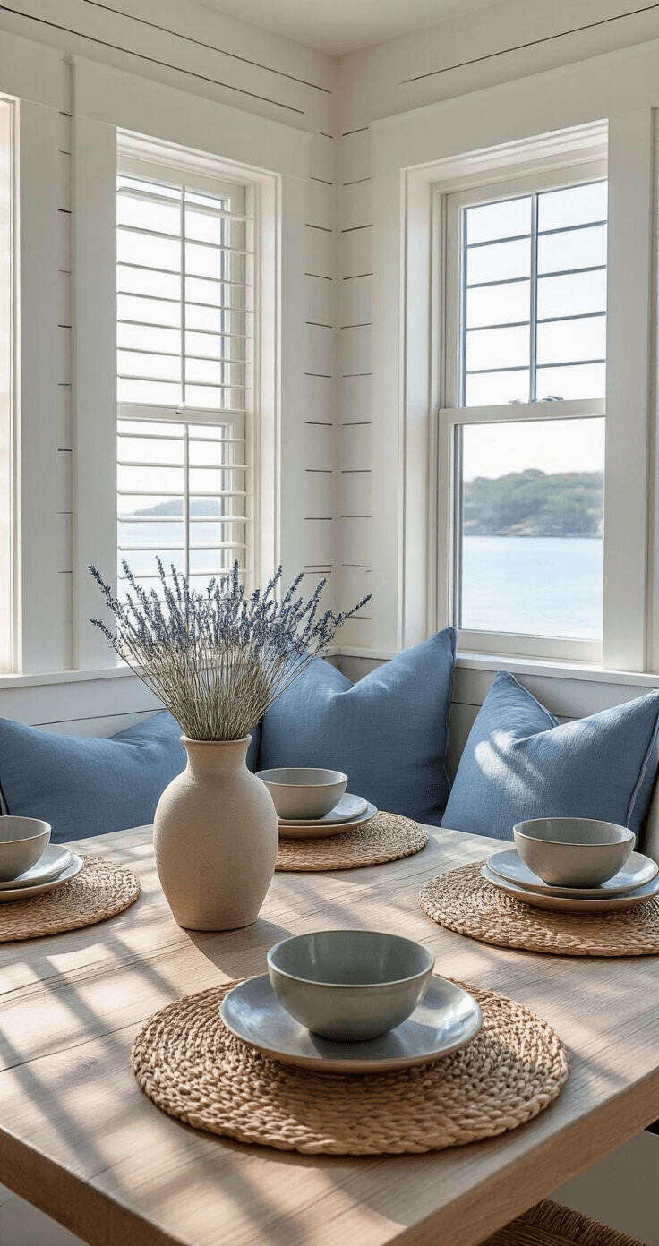 Intimate coastal kitchen nook bathed in morning light, featuring a window seat with ocean-blue cushions, weathered shiplap walls, a chunky natural wood table with a ceramic vase of dried sea lavender, and textured woven placemats under artisanal pottery plates, all highlighted by diagonal light patterns from plantation shutters.