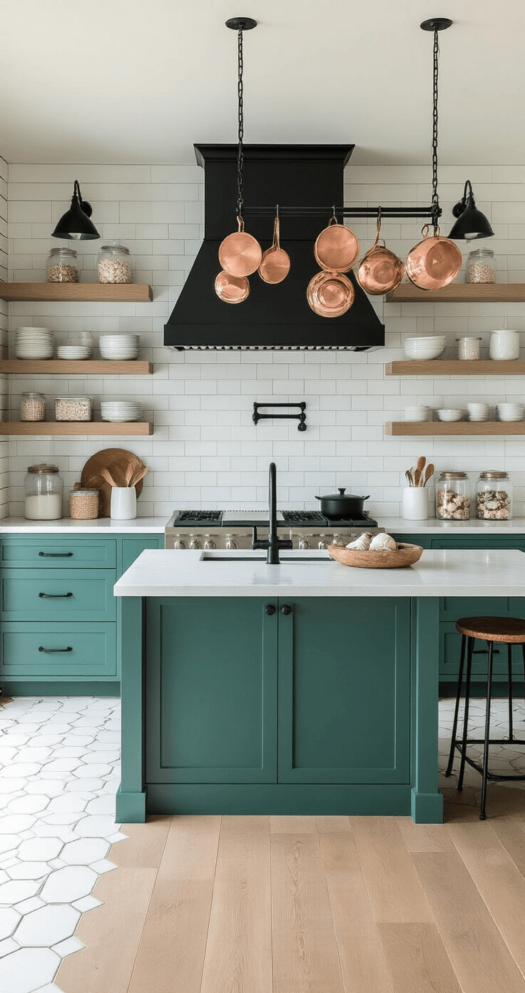 Overhead view of a coastal kitchen with a seafoam green island, geometric white hexagonal tiles, bleached oak planks, matte black fixtures, copper pots, and beach-themed decor on open shelving.