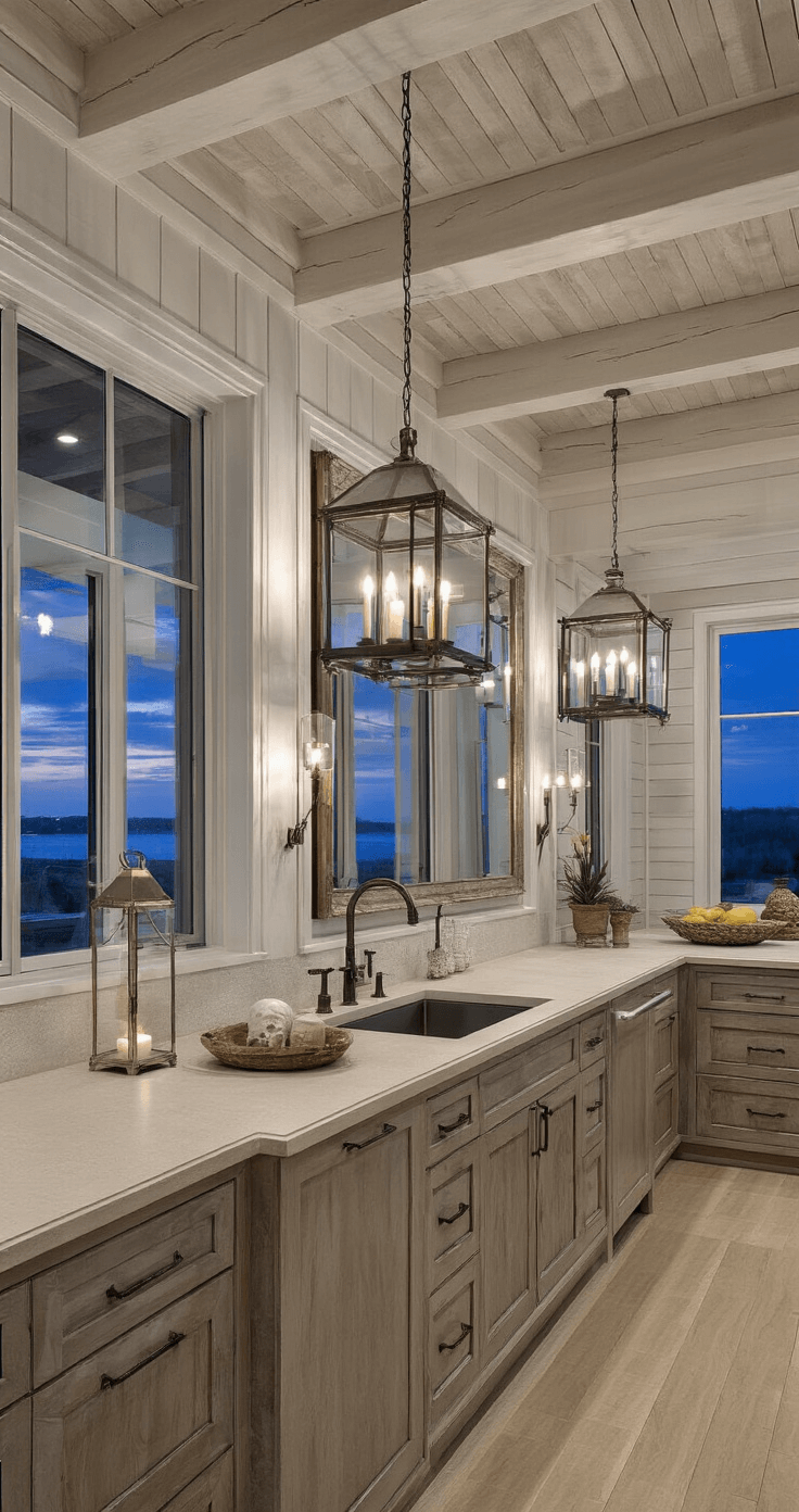Side-angle view of a luxury coastal kitchen at twilight, featuring high ceilings with exposed beams, a large antiqued mirror backsplash, sand-colored limestone countertops, custom driftwood grey cabinets, oversized hurricane lanterns with candles, and warm grasscloth wallpaper.
