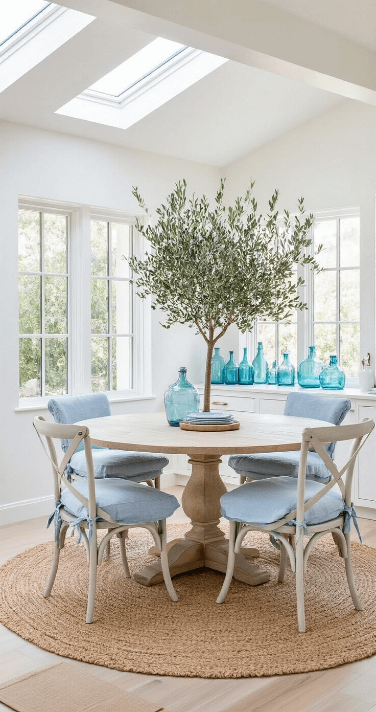 A coastal kitchen breakfast area with morning light streaming through skylights, featuring a round whitewashed oak pedestal table and pale blue linen X-back chairs on a natural jute rug, complemented by an olive tree and blue glass bottles on a windowsill.