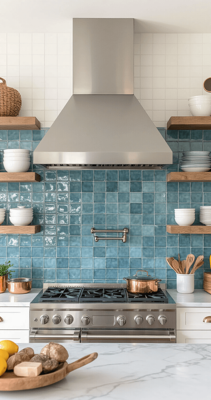 Detail shot of a coastal kitchen's cooking zone featuring a professional-grade range with a brushed steel hood, handmade ocean blue ceramic tile backsplash, reclaimed teak open shelving with copper cookware and white ironstone, and marble countertops adorned with organized cooking essentials in glass and natural materials.
