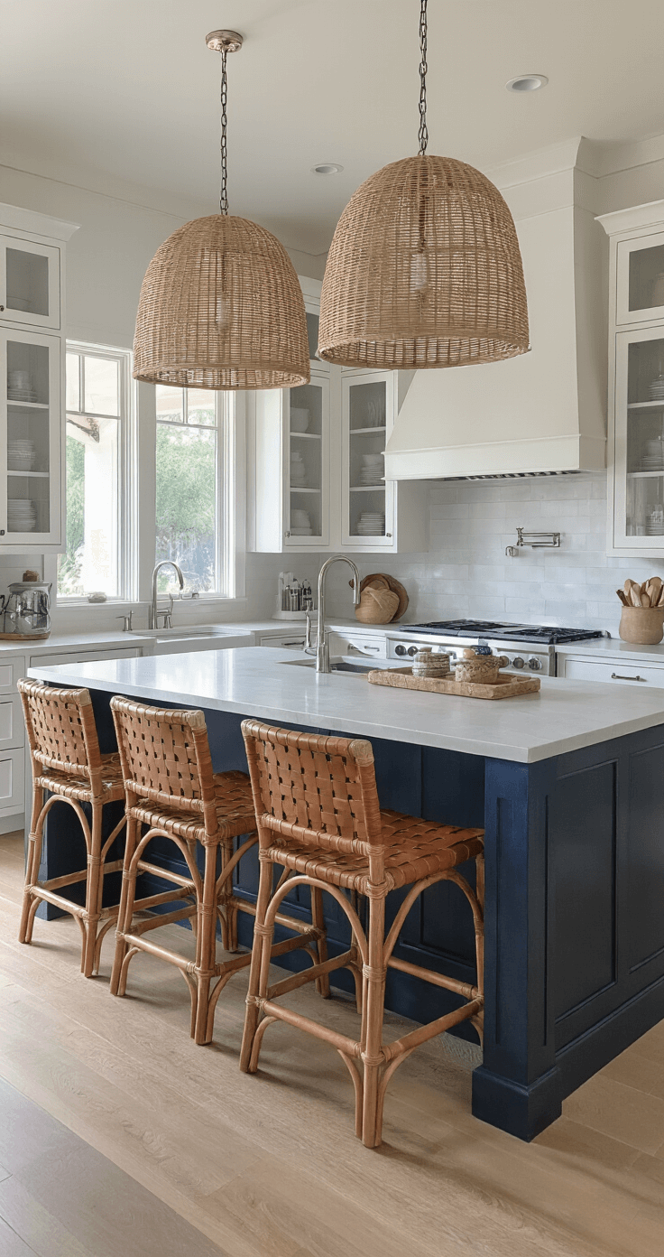 Twilight view of a coastal kitchen featuring a light quartzite island with woven leather barstools, oversized rattan pendant lights casting shadows, white oak cabinets showcasing collectibles, polished nickel hardware, and a deep navy accent wall, captured from a corner angle to highlight the social layout and evening ambiance.