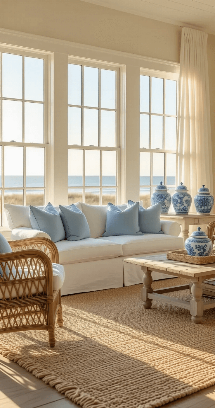 Coastal Granddaughter Decor: Create Your Dreamy, Vintage-Inspired Sanctuary A sunlit coastal living room featuring a white sofa with blue pillows, a vintage rattan armchair, layered cream rugs, and blue-and-white ginger jars on a console, viewed from the doorway with soft shadows and a shallow depth of field.