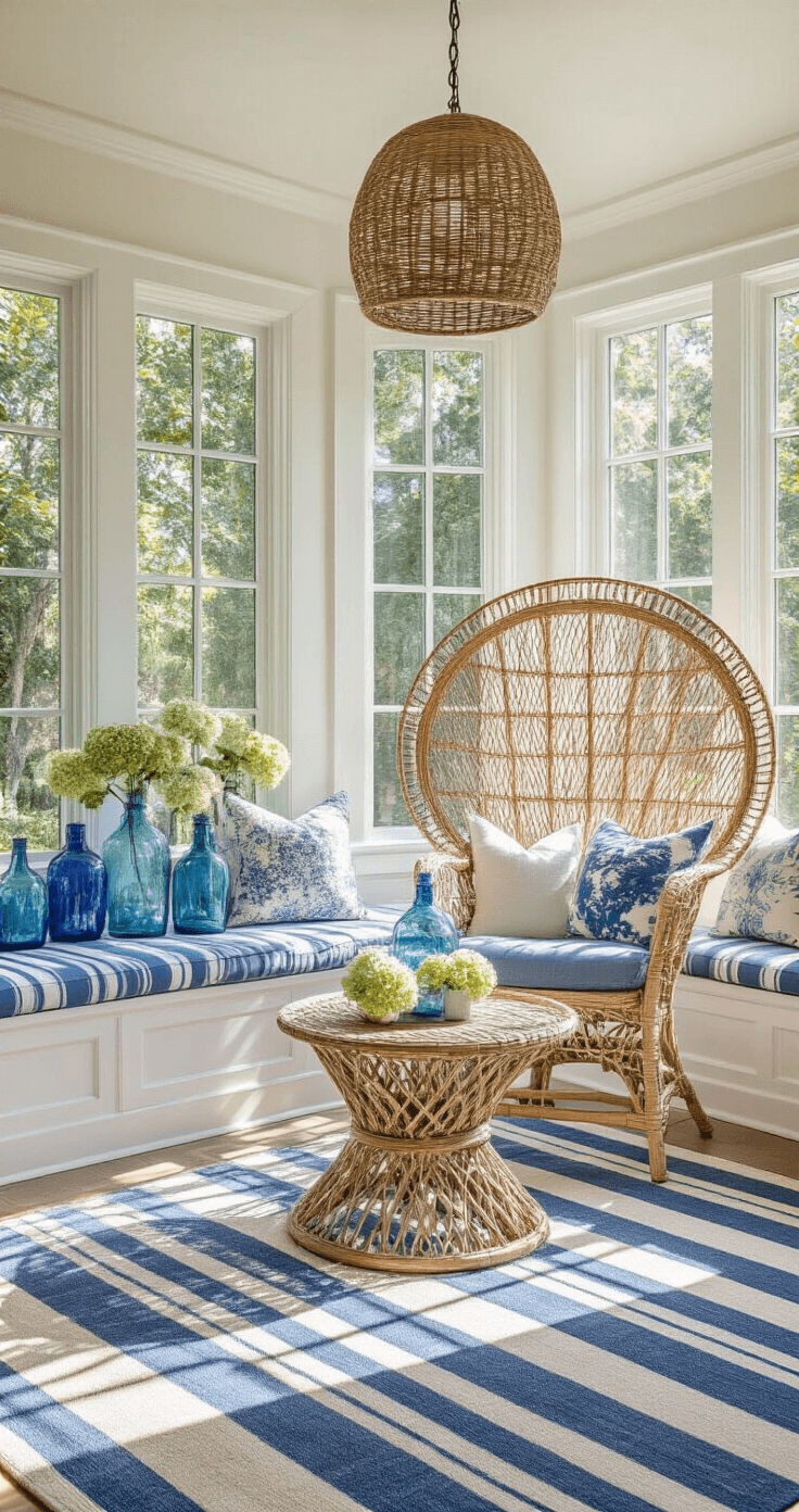 Coastal Granddaughter Decor: Create Your Dreamy, Vintage-Inspired Sanctuary A bird's eye view of a bright sunroom with floor-to-ceiling windows, featuring a curved rattan peacock chair centered on a striped blue and white dhurrie rug, a whitewashed wooden console with weathered blue glass bottles and dried hydrangeas, a woven pendant light casting intricate shadows, and a built-in window seat in coastal blue linen with vintage textile pillows, all bathed in soft afternoon light creating dramatic shadows.