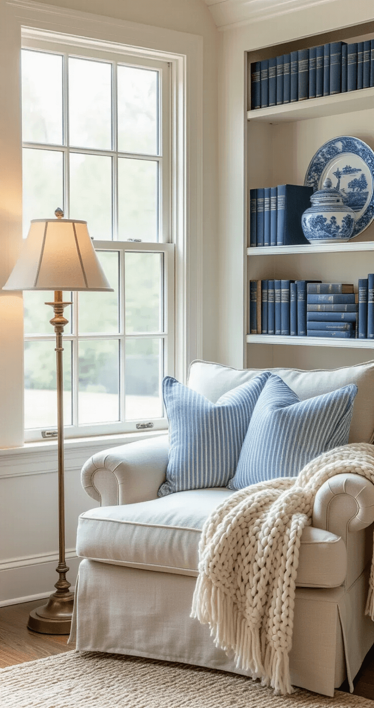 Coastal Granddaughter Decor: Create Your Dreamy, Vintage-Inspired Sanctuary Cozy reading nook in a bay window alcove featuring an oversized oatmeal linen armchair with blue ticking stripe pillows, a distressed white bookshelf filled with blue and white books, an antique brass floor lamp, and a chunky cream knit throw, with vintage blue transferware on floating shelves, shot at sitting level in diffused natural light.
