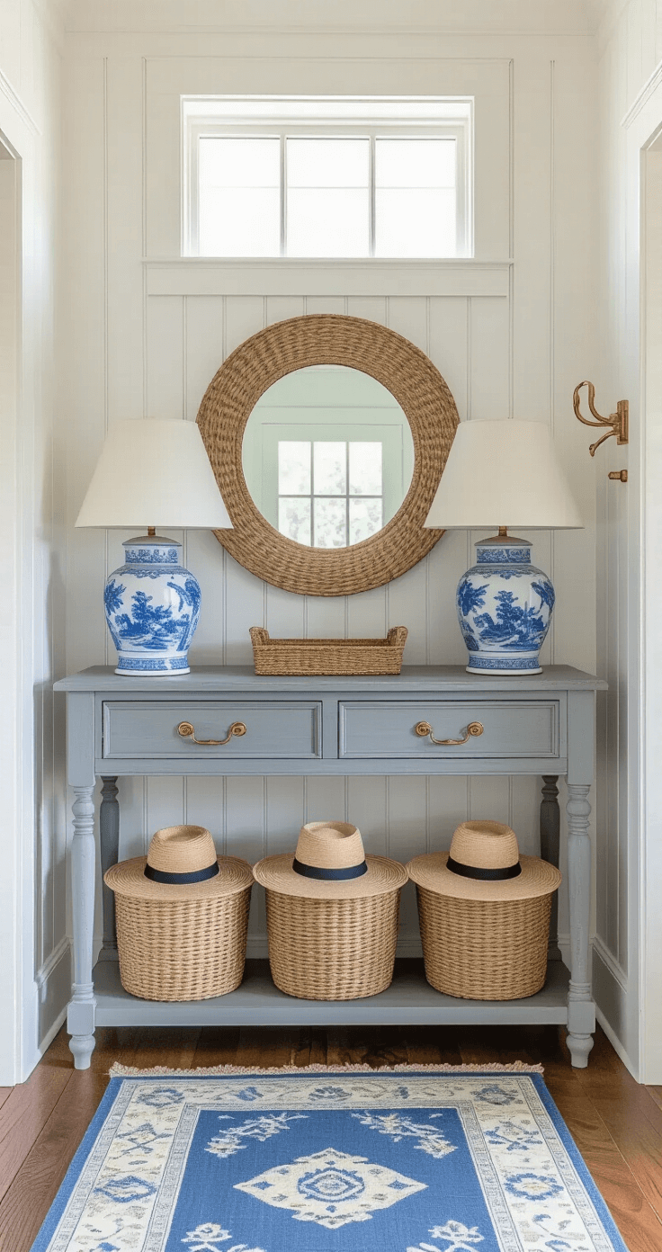 Coastal Granddaughter Decor: Create Your Dreamy, Vintage-Inspired Sanctuary Welcoming 6x8ft entryway featuring soft white beadboard wainscoting, a weathered grey console table with a blue and white chinoiserie lamp, a round seagrass mirror, lined market baskets, a blue vintage runner rug, brass coat hooks with straw hats, and natural light from a transom window illuminating the space.