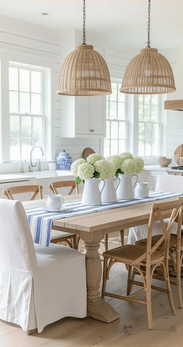 Coastal Granddaughter Decor: Create Your Dreamy, Vintage-Inspired Sanctuary Light-filled open concept kitchen-dining space featuring a bleached oak farmhouse table surrounded by various Windsor and slipcovered cream linen chairs, decorated with a blue and white striped runner and white ironstone pitchers filled with hydrangeas, rattan pendant lights overhead, white shiplap walls, and morning light creating an atmospheric haze.