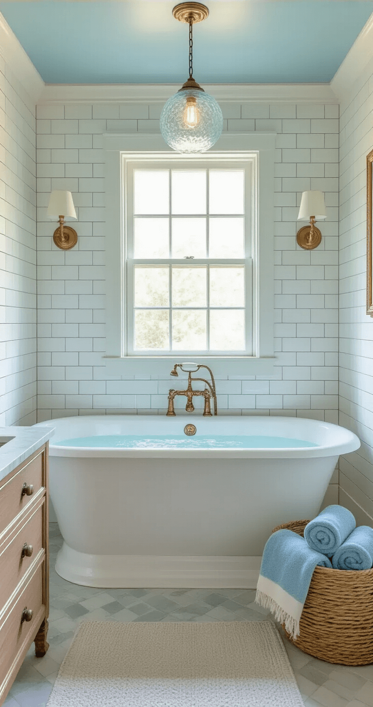Coastal Granddaughter Decor: Create Your Dreamy, Vintage-Inspired Sanctuary Serene bathroom featuring a clawfoot tub under a window, white subway tile walls, pale blue ceiling, vintage dresser-turned-vanity with marble top, rolled Turkish towels in a seagrass basket, antique brass fixtures, and a blown glass pendant light, all softly lit by late afternoon light.