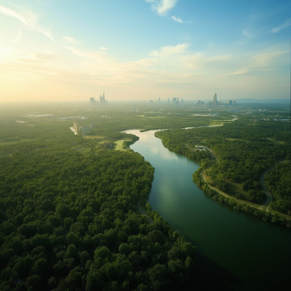 Why Kissimmee in February is Your Ultimate Winter Escape (Without the Winter Chill) Aerial panoramic view of lush, vibrant green landscapes of Kissimmee in February with theme parks in the distance, under clear blue skies with wispy clouds