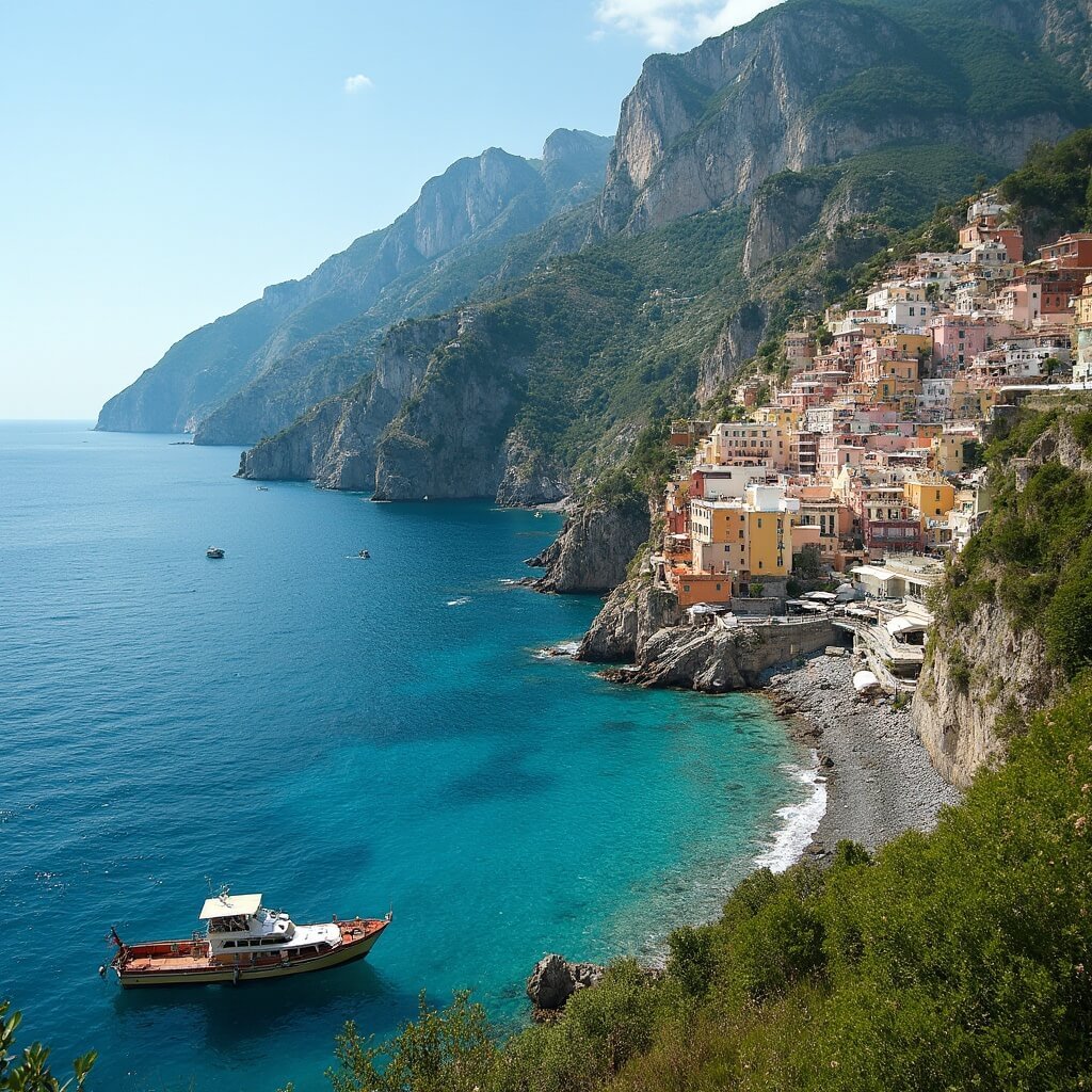Naples in June: Your Ultimate Mediterranean Escape Guide Panoramic view of the Amalfi Coast with colorful buildings, turquoise waters, limestone cliffs, fishing boats, and lush vegetation in the afternoon sunlight