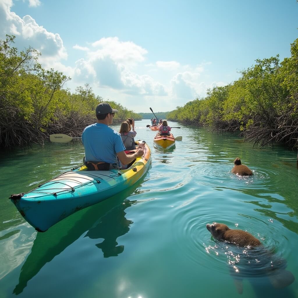 Why Cocoa Beach in February is Your Secret Winter Paradise Eco-tour participants kayaking through Banana River Lagoon, with manatees and dolphins in crystal clear waters, and lush mangroves within a serene, untouched natural environment in perfect Florida weather.
