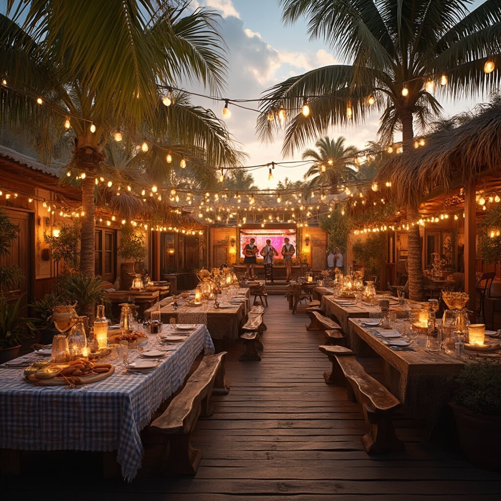 Bavarian-style outdoor beer garden at sunset in Florida with communal tables, traditional German food, and beers under Edison bulbs, surrounded by palm trees with musicians in lederhosen on stage.