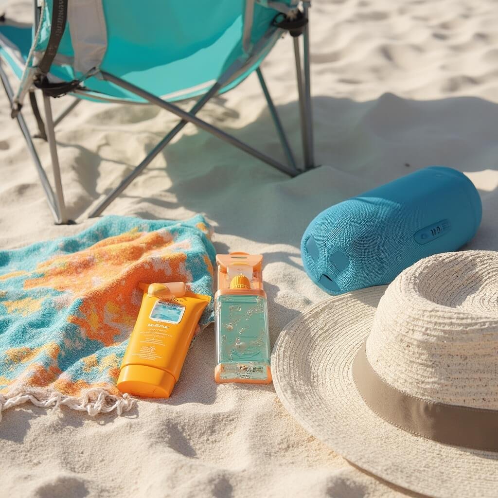 May Magic in Jacksonville Beach: Your Ultimate Weather & Activity Guide Neatly arranged beach essentials on white sand including a lightweight chair, colorful towel, sunscreen, waterproof phone case, bluetooth speaker, and stylish sun hat in natural lighting.