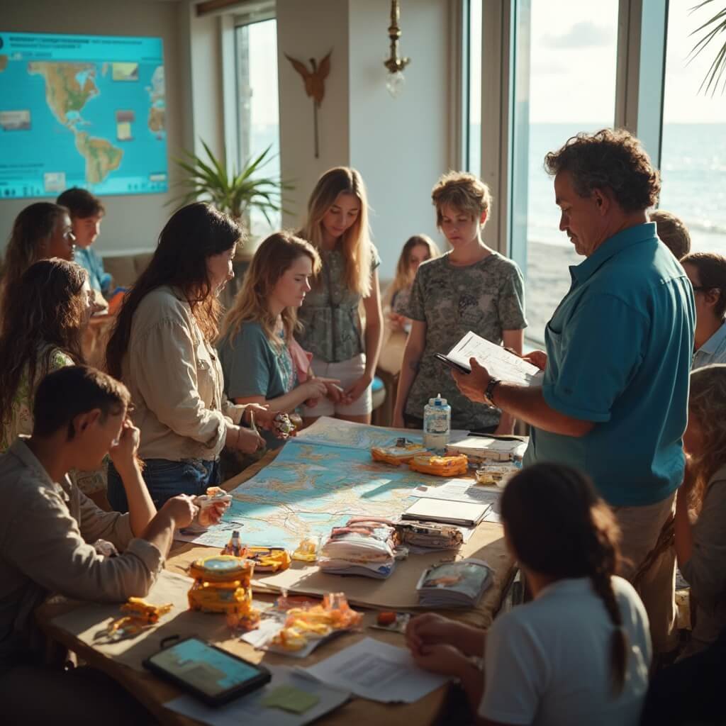 Jacksonville Beach in August: Your Ultimate Sunsoaked Adventure Guide Diverse group participating in a beach emergency preparedness workshop, studying hurricane maps on smartphones and digital displays, and listening to professional team explaining evacuation routes, with emergency supply kits organized strategically in natural light.
