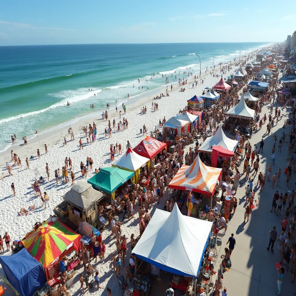 Why Jacksonville Beach in October is Your Secret Slice of Paradise (And Why Tourists Haven't Caught On Yet) Aerial view of Beaches Oktoberfest in Jacksonville Beach with colorful tents, attendees in Bavarian attire, beer steins, pretzels, a live band on stage, and surfers in the ocean backdrop.