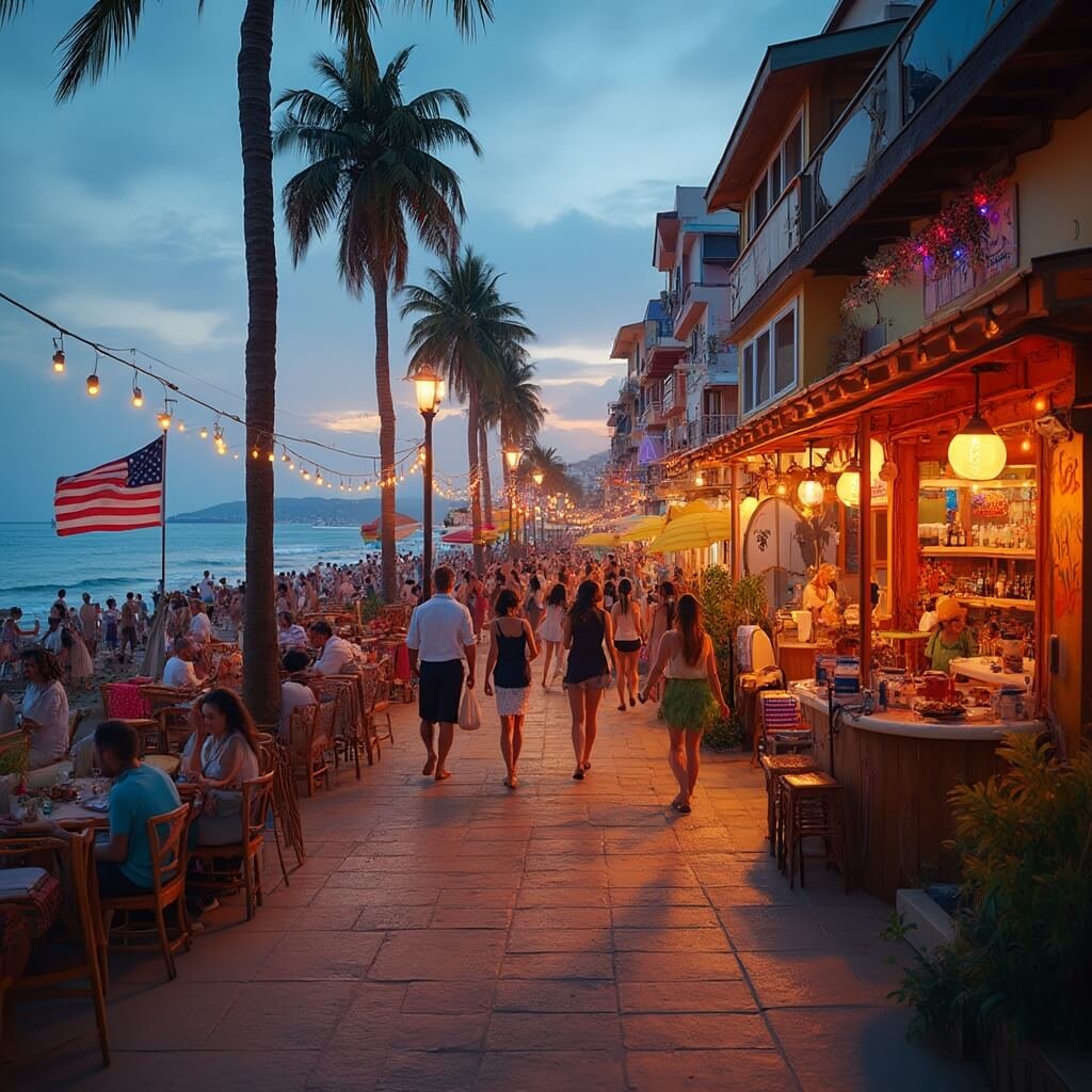 Jacksonville Beach in August: Your Ultimate Sunsoaked Adventure Guide Vibrant beachfront street at dusk with glowing restaurant lights, relaxed pedestrians, diners at outdoor patios, a performing live band, surf shop, ice cream parlor and ocean view at sunset.
