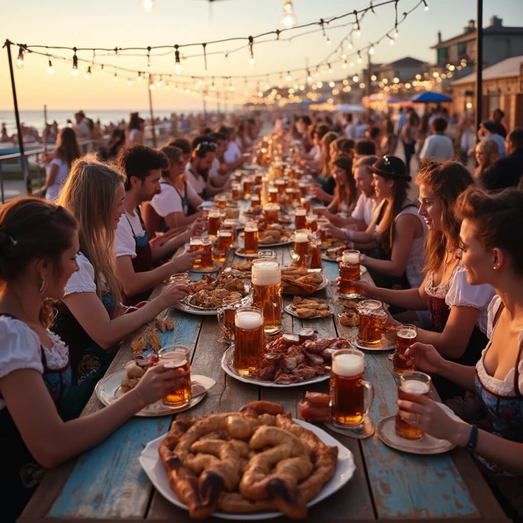 Why Jacksonville Beach in October is Your Secret Slice of Paradise (And Why Tourists Haven't Caught On Yet) Oktoberfest celebration at Jacksonville Beach, with people in traditional Bavarian attire, dining on pretzels and bratwurst at long tables, beer steins on display, live German band performance and oceanfront sunset in the background
