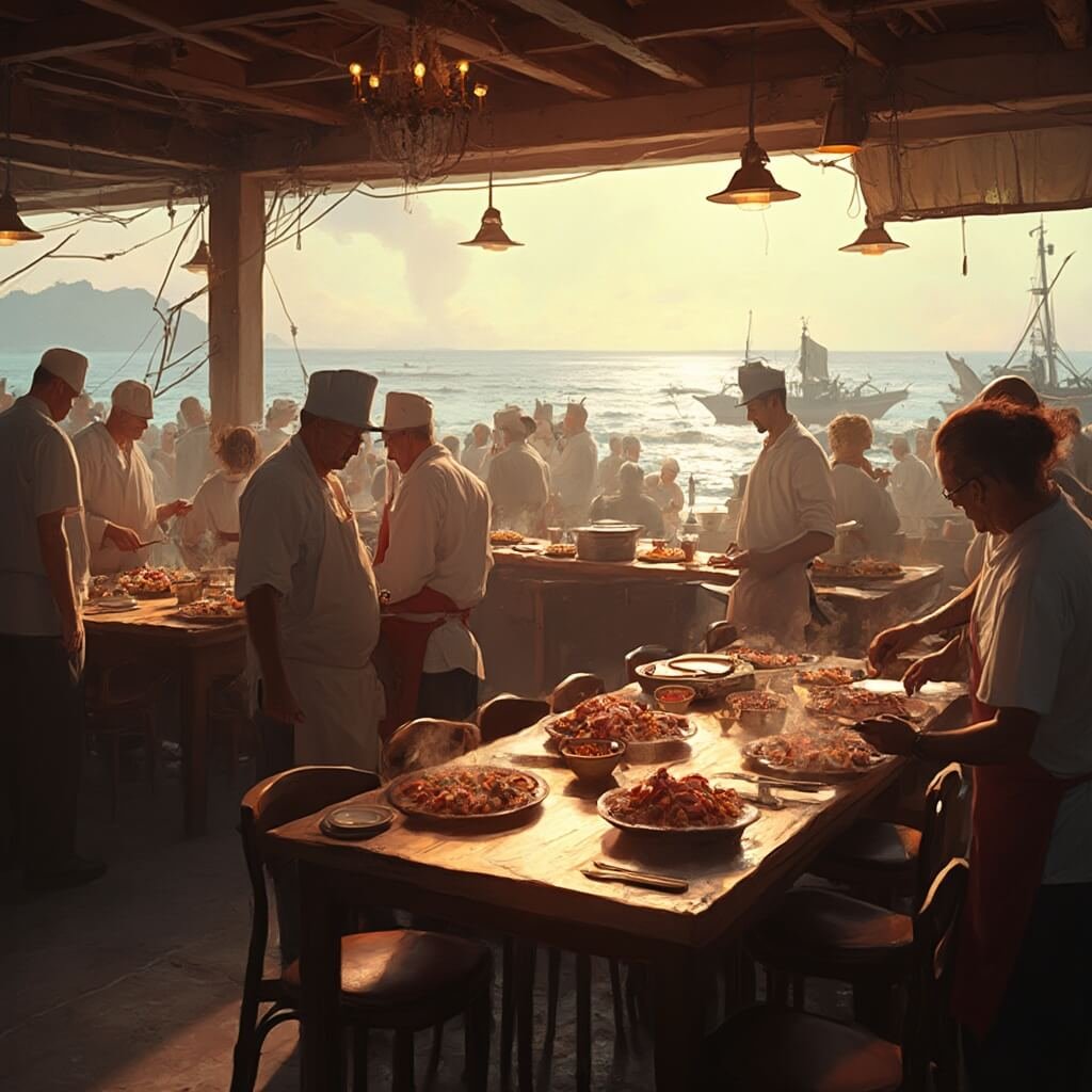 Why Jacksonville Beach in October is Your Secret Slice of Paradise (And Why Tourists Haven't Caught On Yet) Crowded beachside restaurant during golden hour with chefs preparing fresh seafood, fishermen bringing in fresh catch, wooden tables set for customers, and panoramic ocean views visible through large windows.